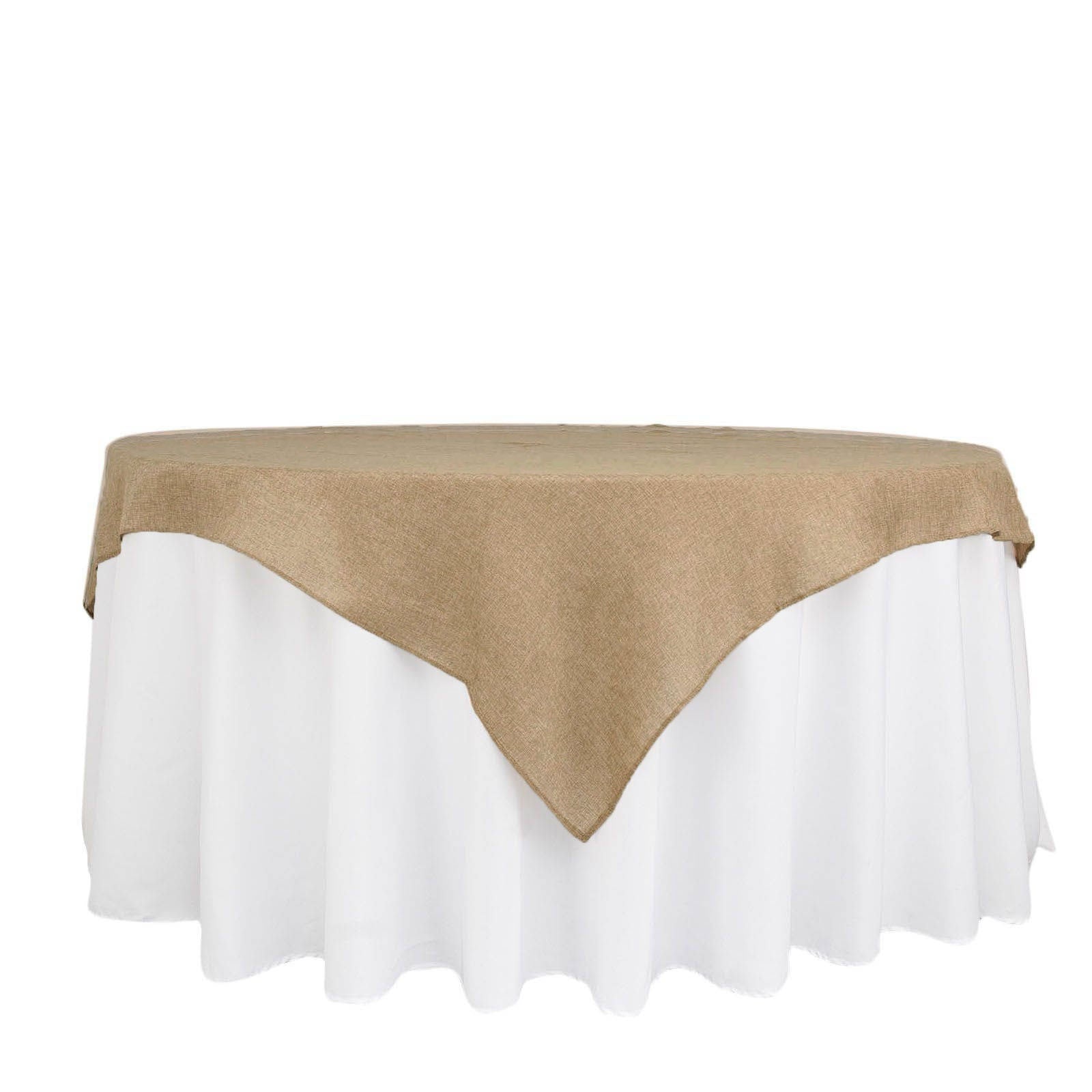 Natural faux jute burlap square table overlay on a white tablecloth.