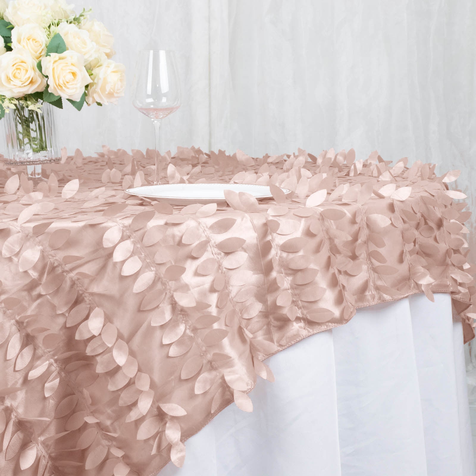 72x72inch Dusty Rose 3D Leaf Petal Taffeta Fabric Table Overlay