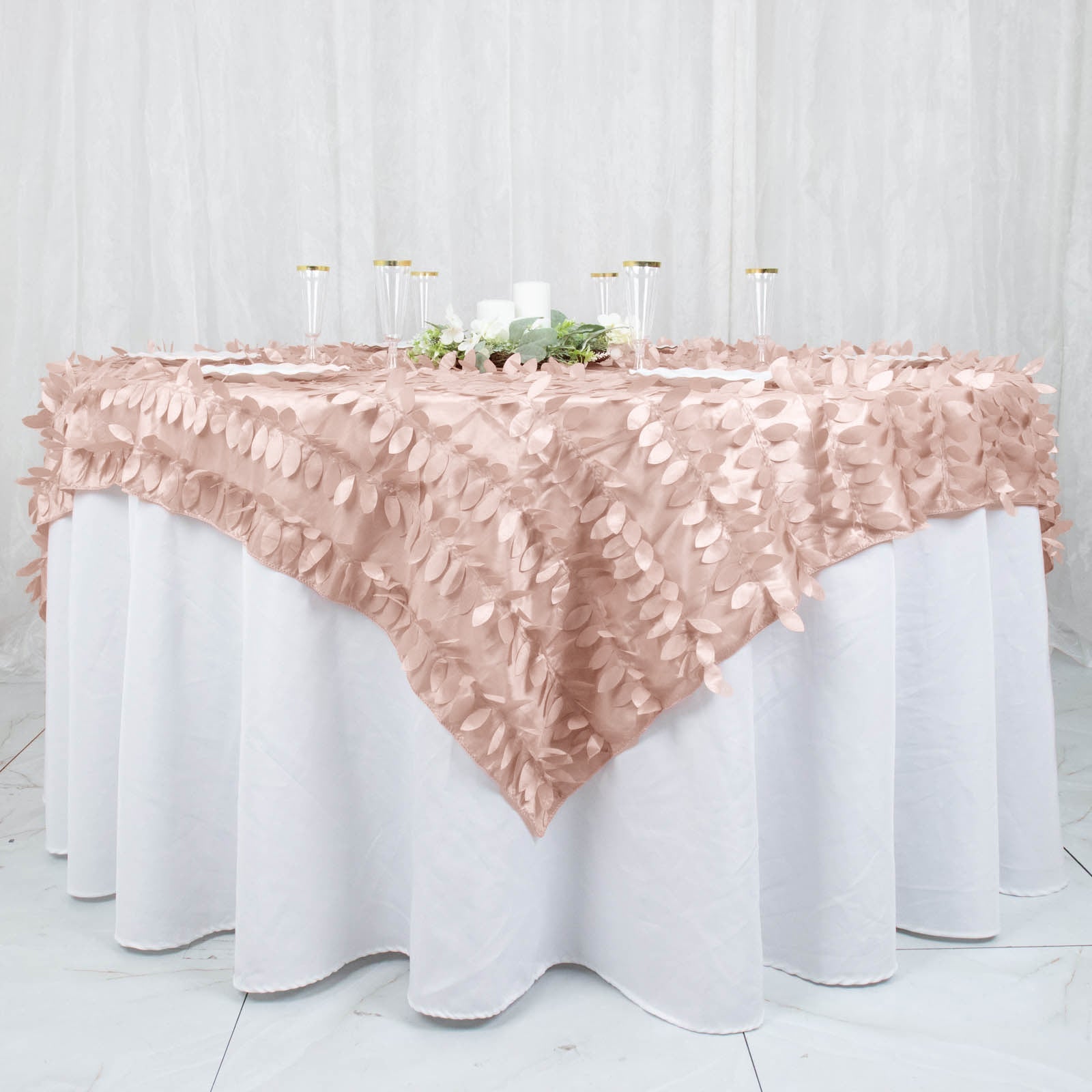 72x72inch Dusty Rose 3D Leaf Petal Taffeta Fabric Table Overlay