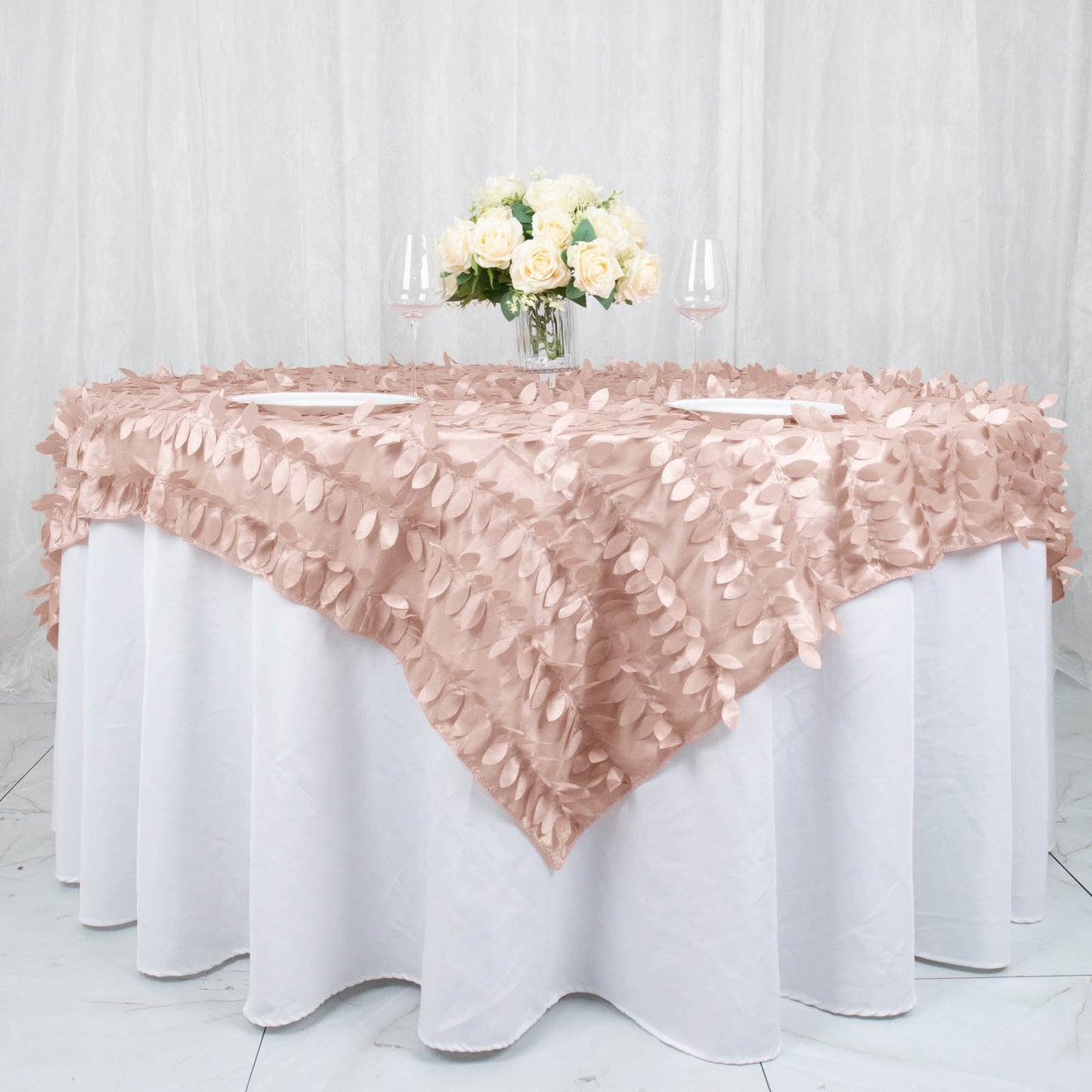 72"x72" Dusty Rose 3D Leaf Petal Taffeta Fabric Table Overlay