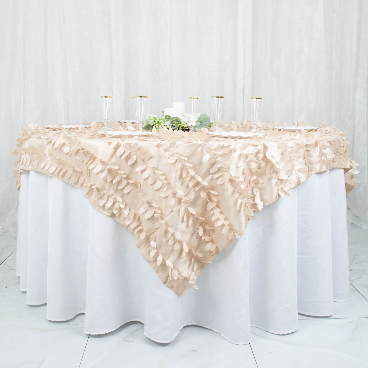 72x72inch Beige 3D Leaf Petal Taffeta Fabric Table Overlay