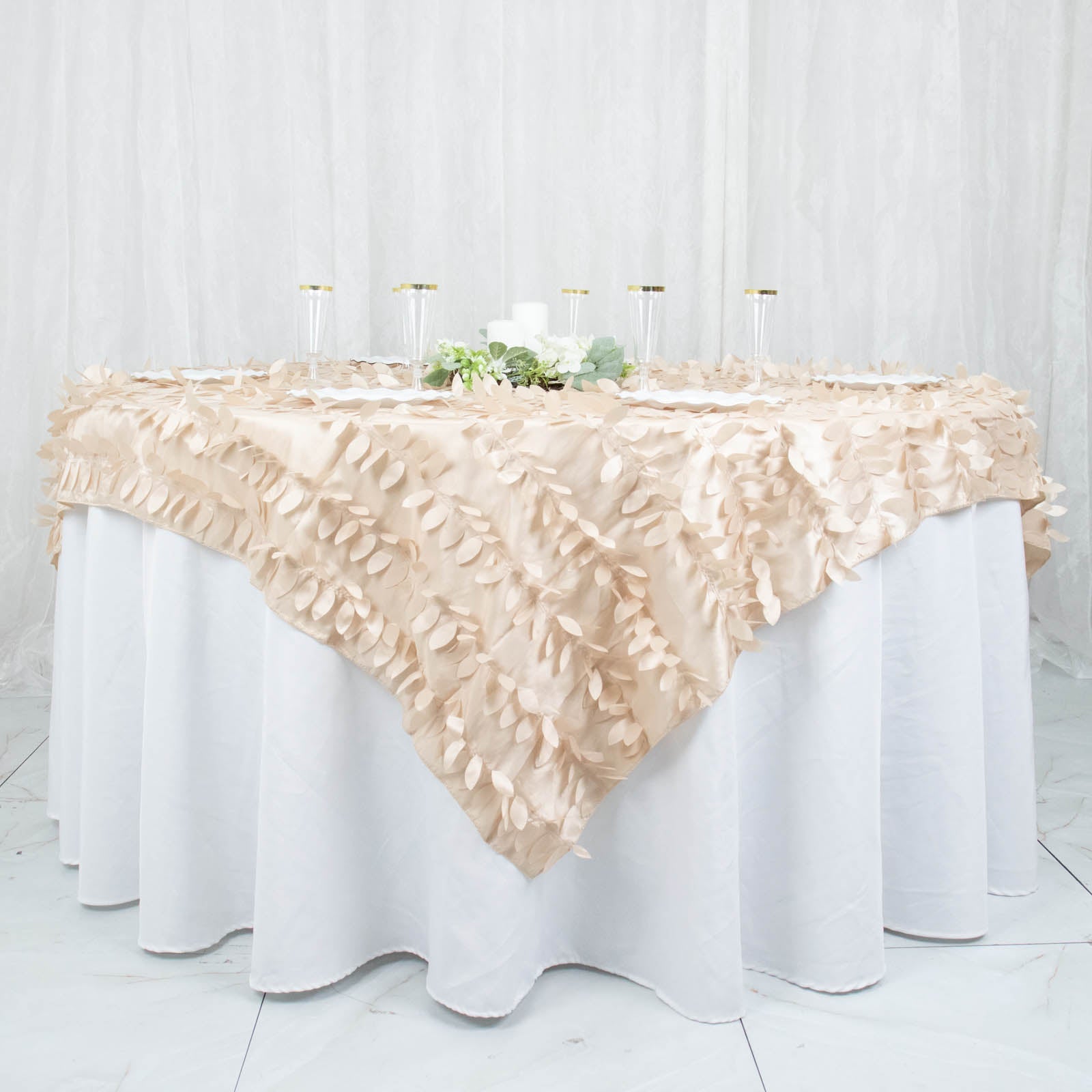 72x72inch Beige 3D Leaf Petal Taffeta Fabric Table Overlay