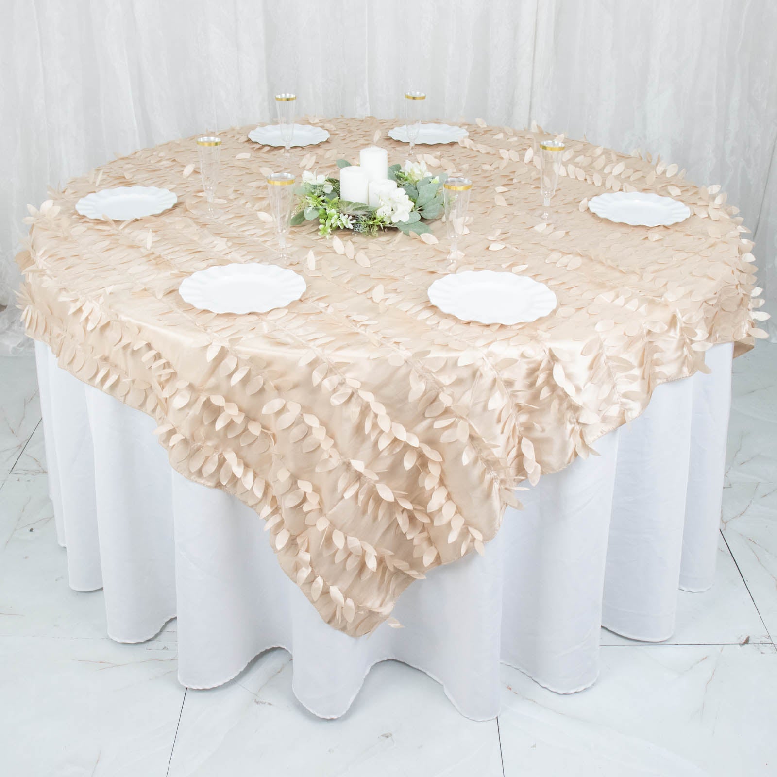 72x72inch Beige 3D Leaf Petal Taffeta Fabric Table Overlay