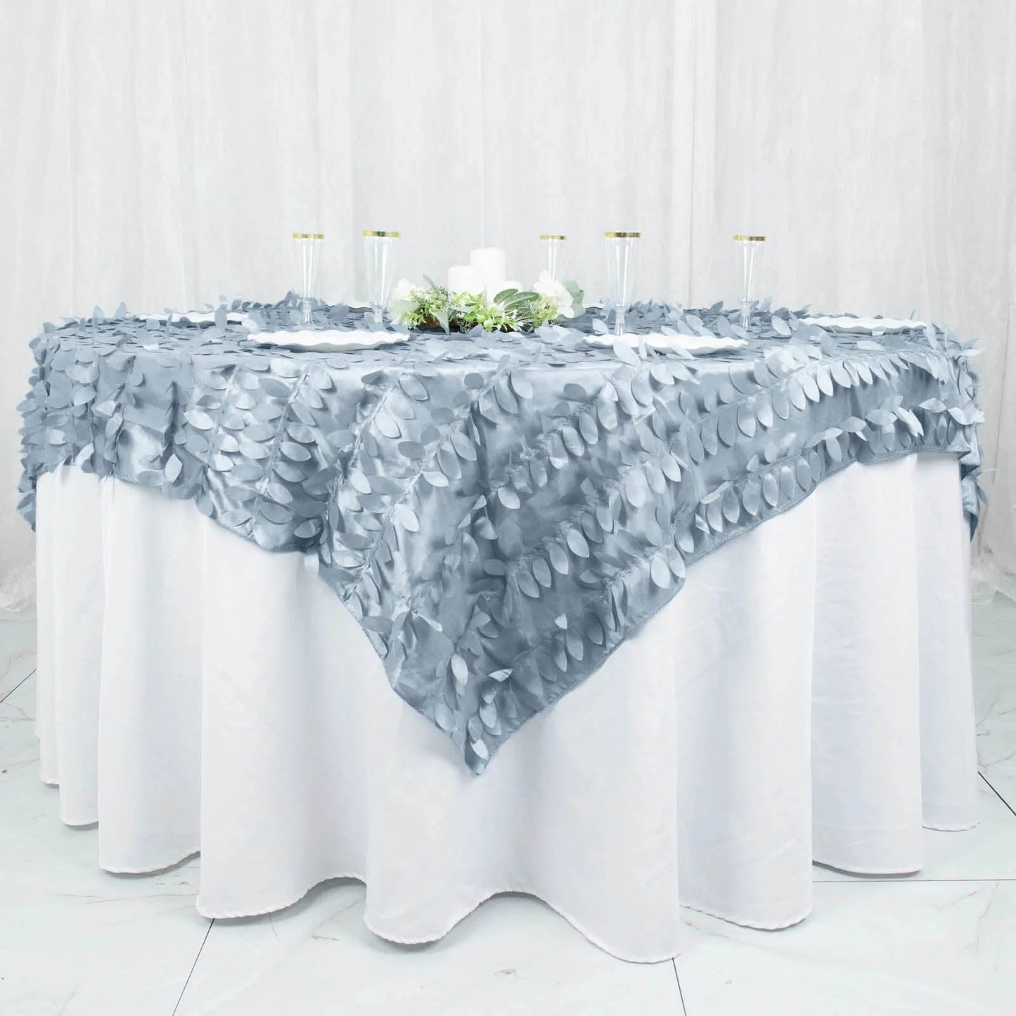 72inch x 72inch Dusty Blue 3D Leaf Petal Taffeta Fabric Table Overlay