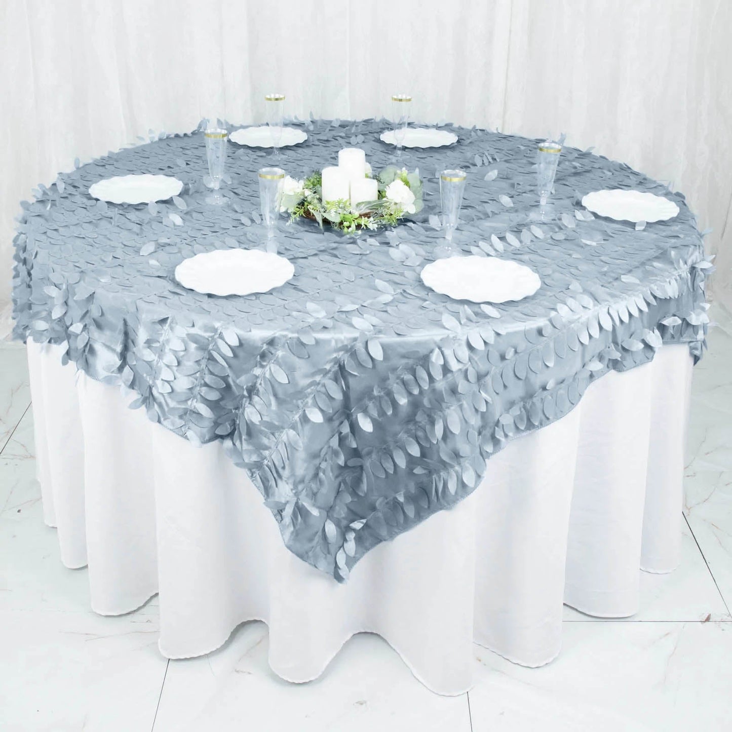 72inch x 72inch Dusty Blue 3D Leaf Petal Taffeta Fabric Table Overlay