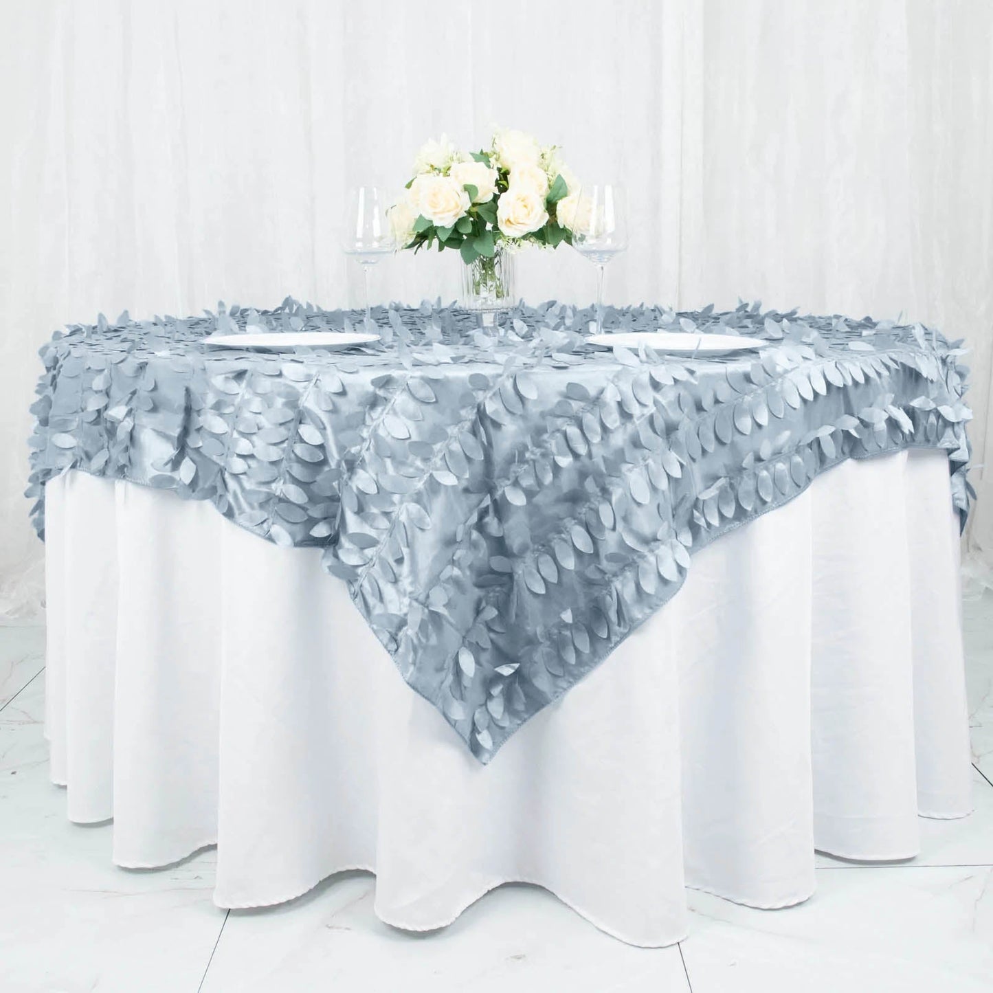 72"x72" Dusty Blue 3D Leaf Petal Taffeta Fabric Table Overlay