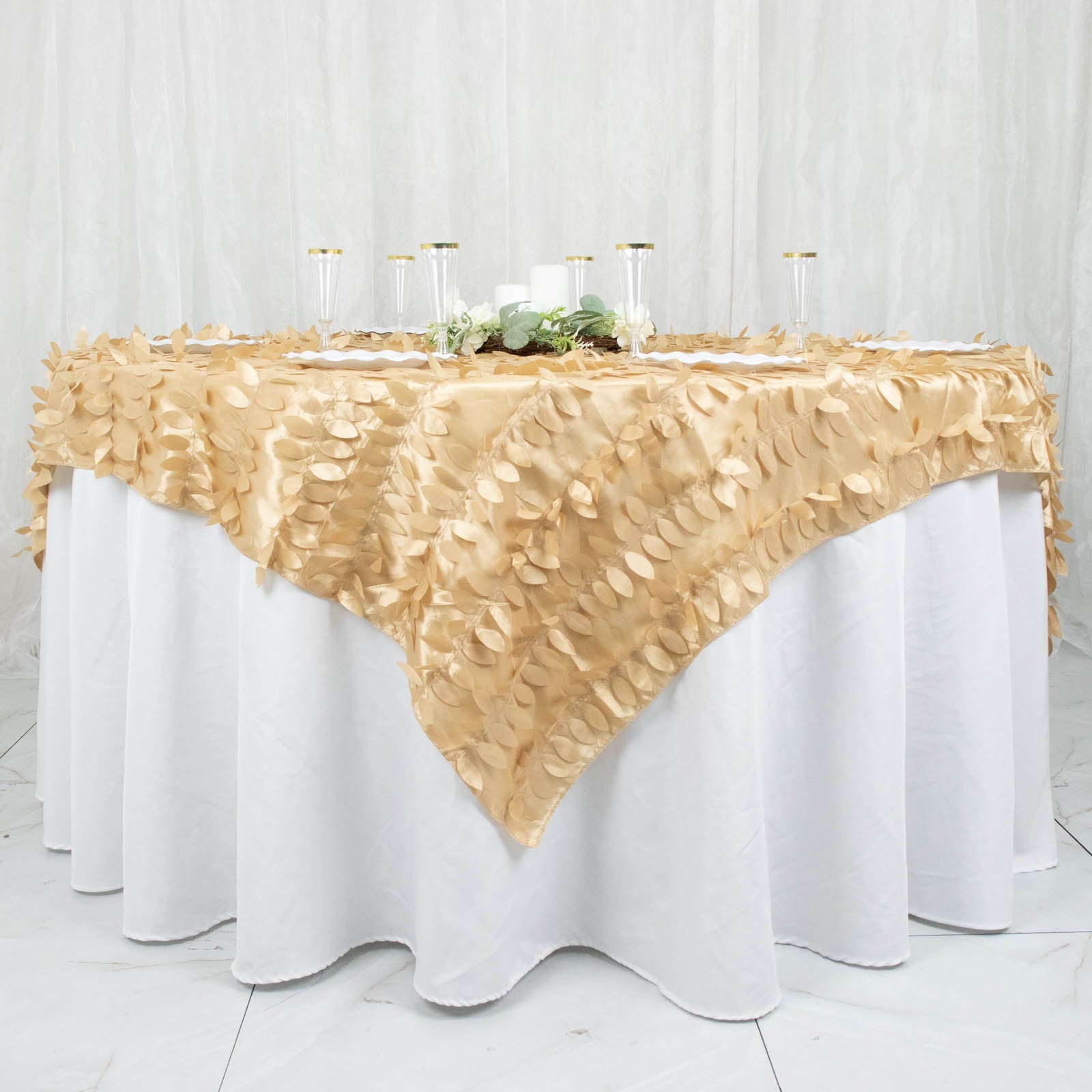 72x72inch Champagne 3D Leaf Petal Taffeta Fabric Table Overlay