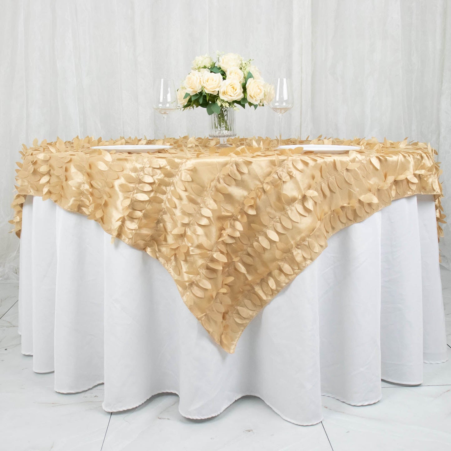 72"x72" Champagne 3D Leaf Petal Taffeta Fabric Table Overlay