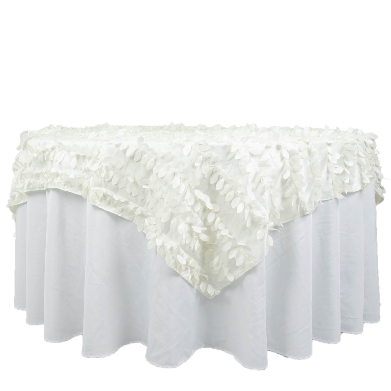 Ivory 3D leaf petal taffeta fabric table overlay on a white table.