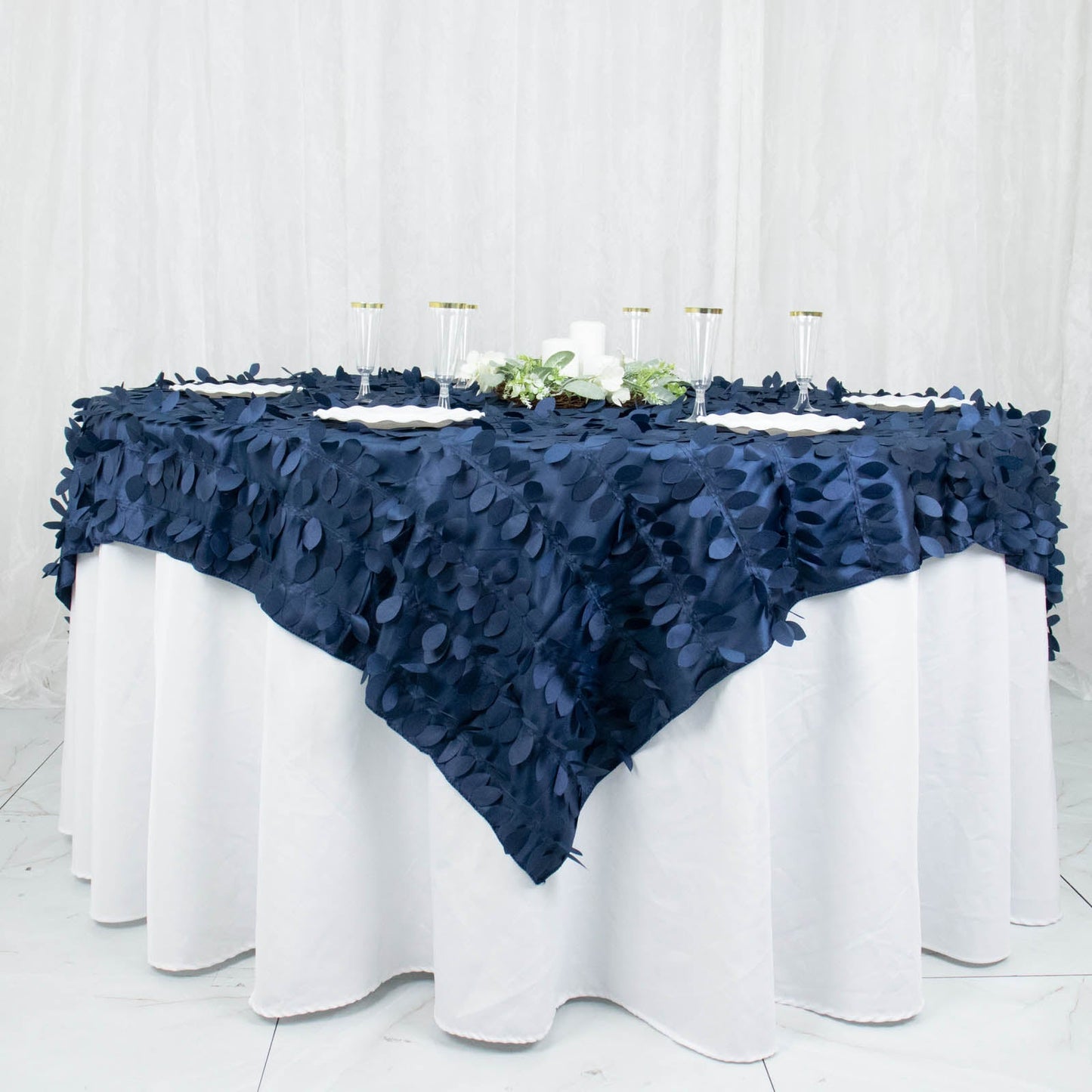 72x72inch Navy Blue 3D Leaf Petal Taffeta Fabric Table Overlay