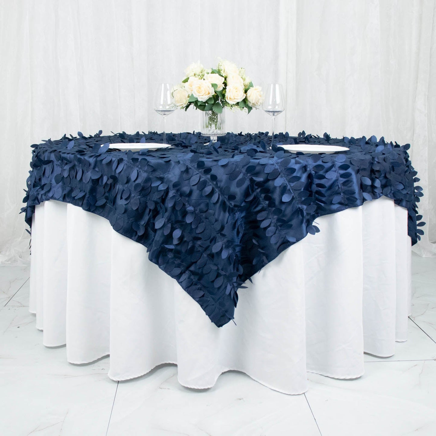 72"x72" Navy Blue 3D Leaf Petal Taffeta Fabric Table Overlay