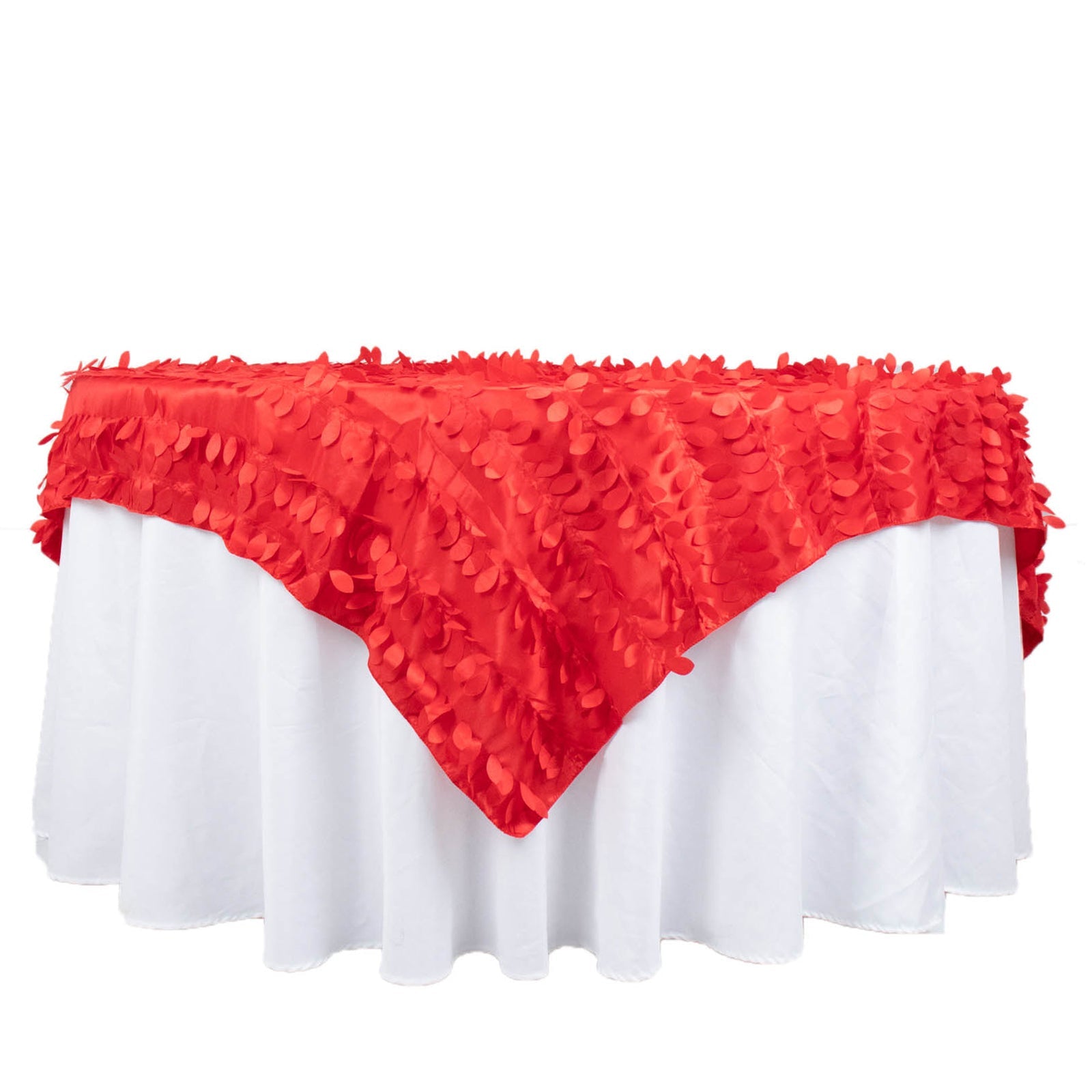 Red 3D leaf petal taffeta fabric table overlay, 72"x72".