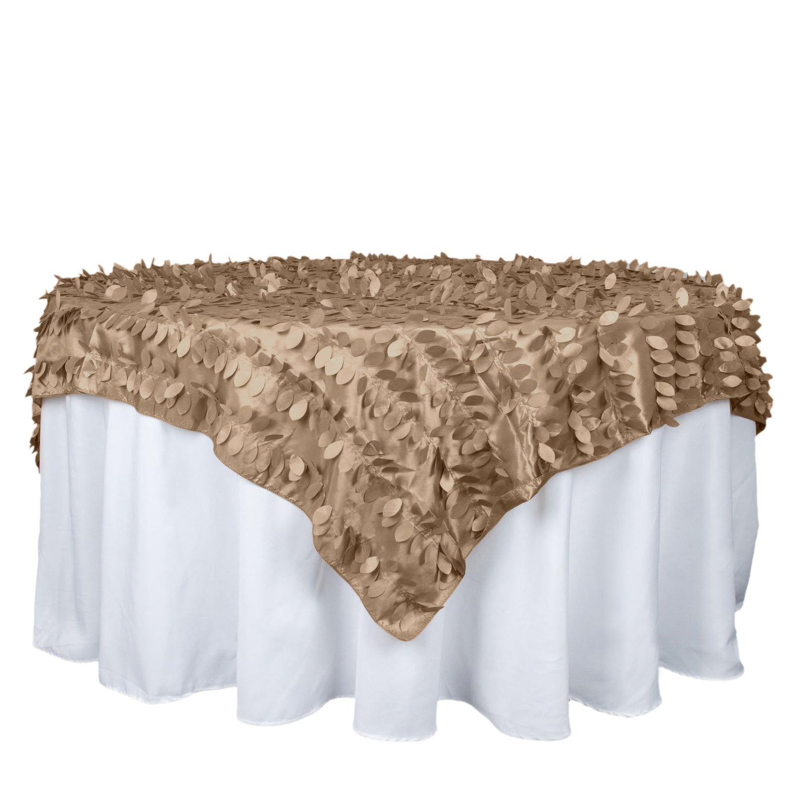 72x72inch Taupe 3D Leaf Petal Taffeta Fabric Table Overlay#whtbkgd