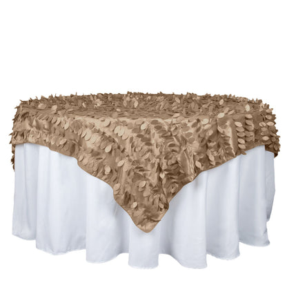 72x72inch Taupe 3D Leaf Petal Taffeta Fabric Table Overlay#whtbkgd