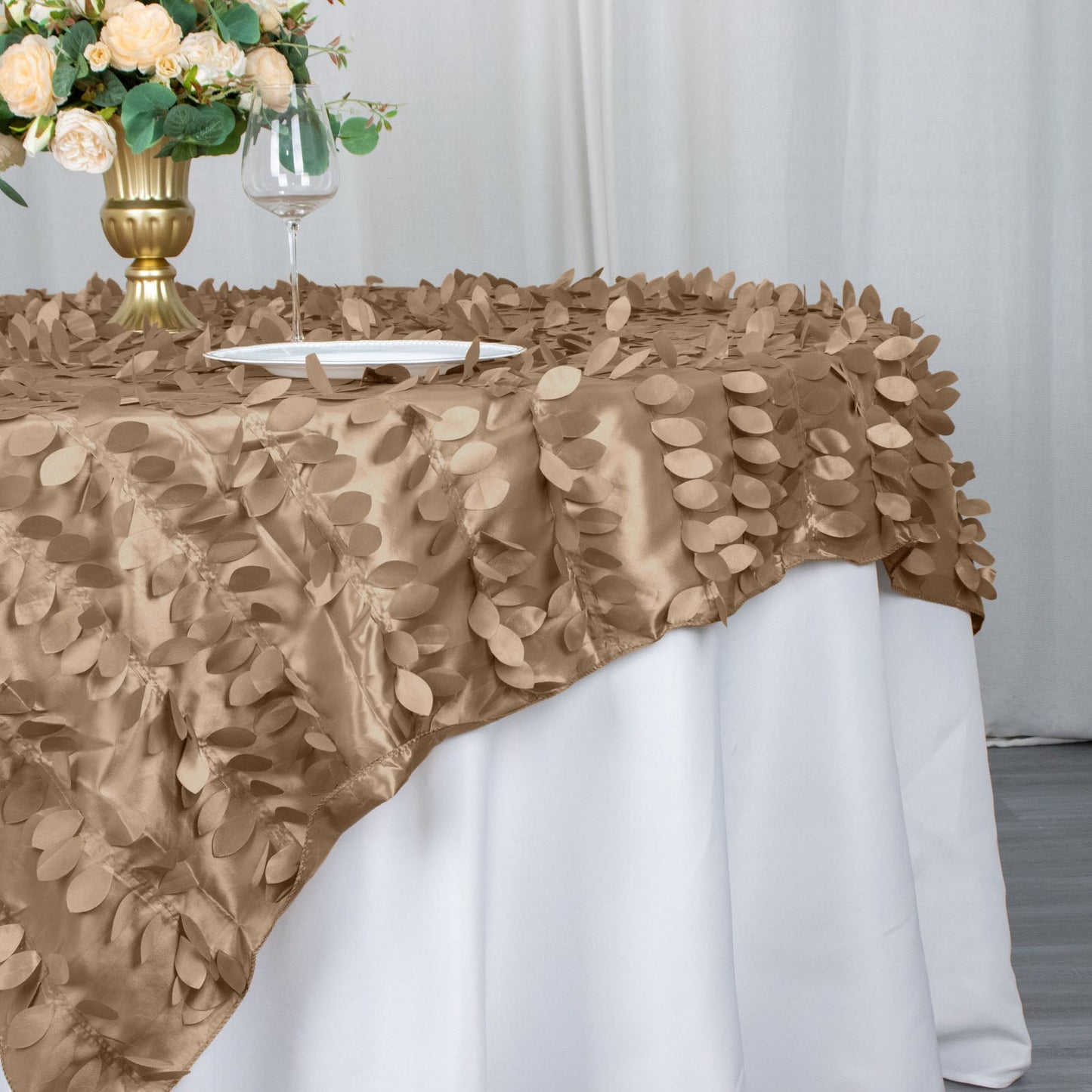 72x72inch Taupe 3D Leaf Petal Taffeta Fabric Table Overlay