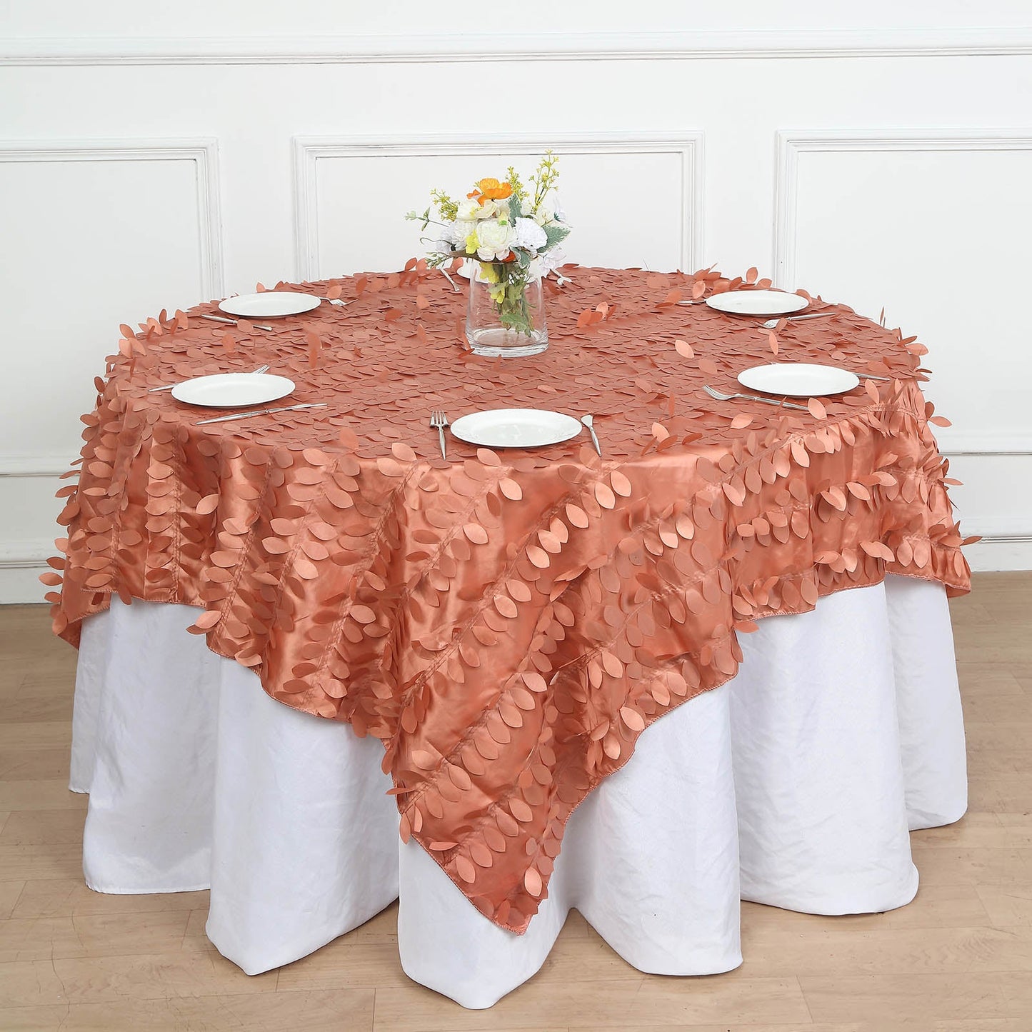 72"x72" Terracotta (Rust) 3D Leaf Petal Taffeta Fabric Table Overlay