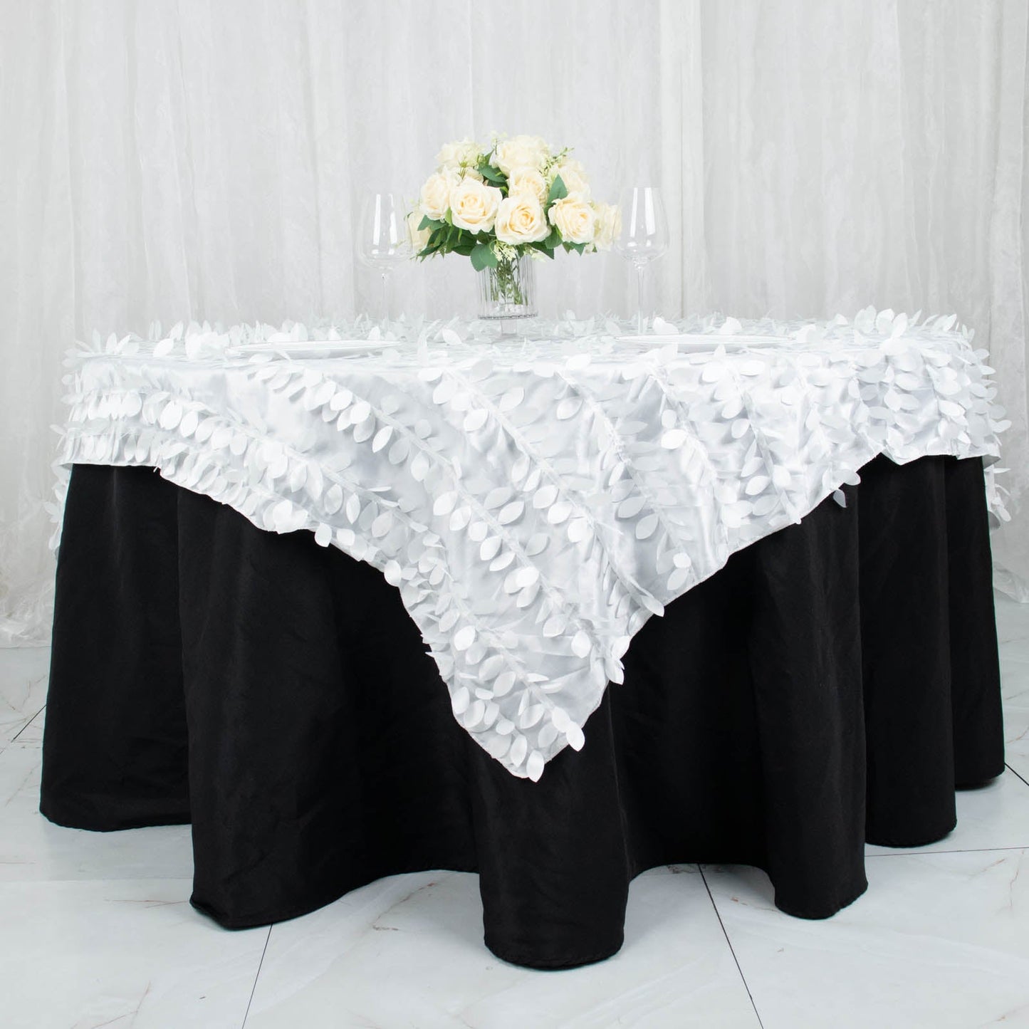 72"x72" White 3D Leaf Petal Taffeta Fabric Table Overlay