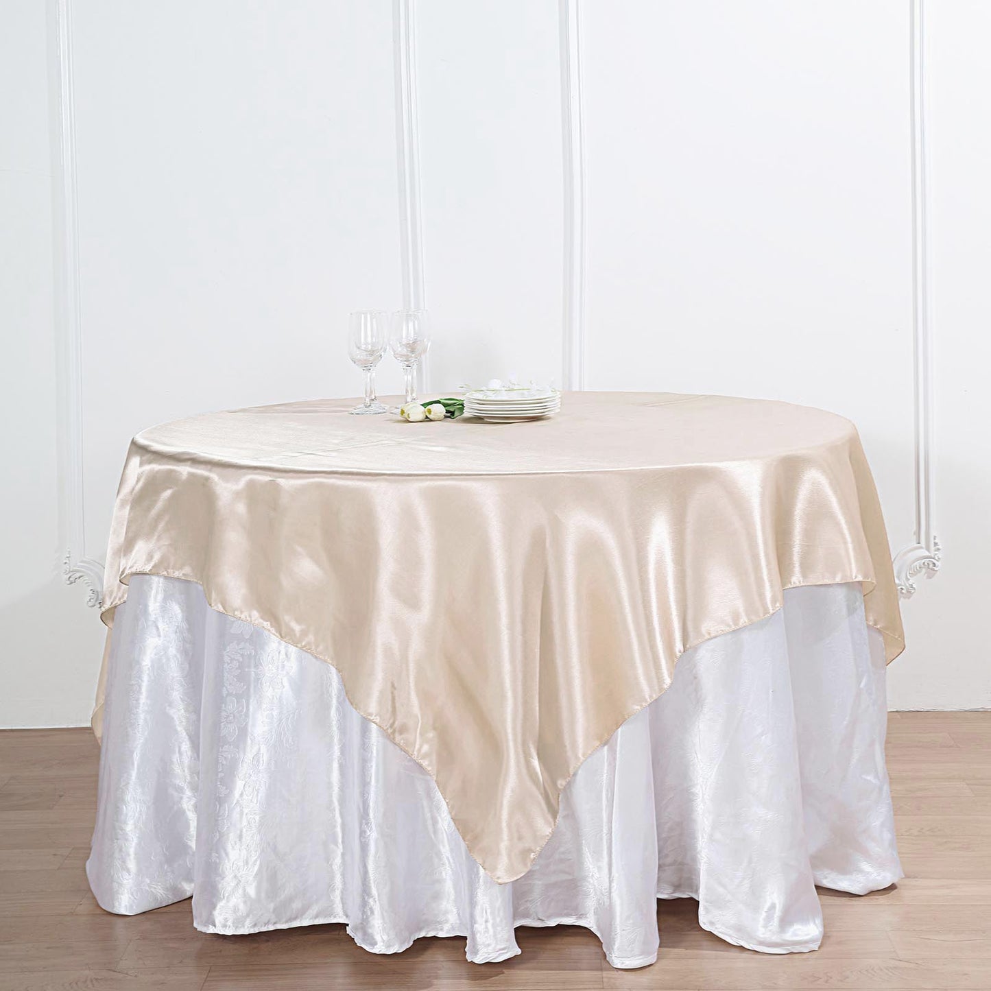 72" x 72" Beige Satin Square Tablecloth Overlay