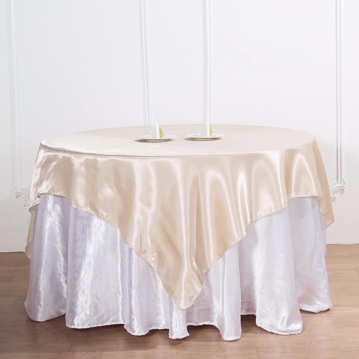 Beige Square Satin Table Overlay 72 Inch x 72 Inch