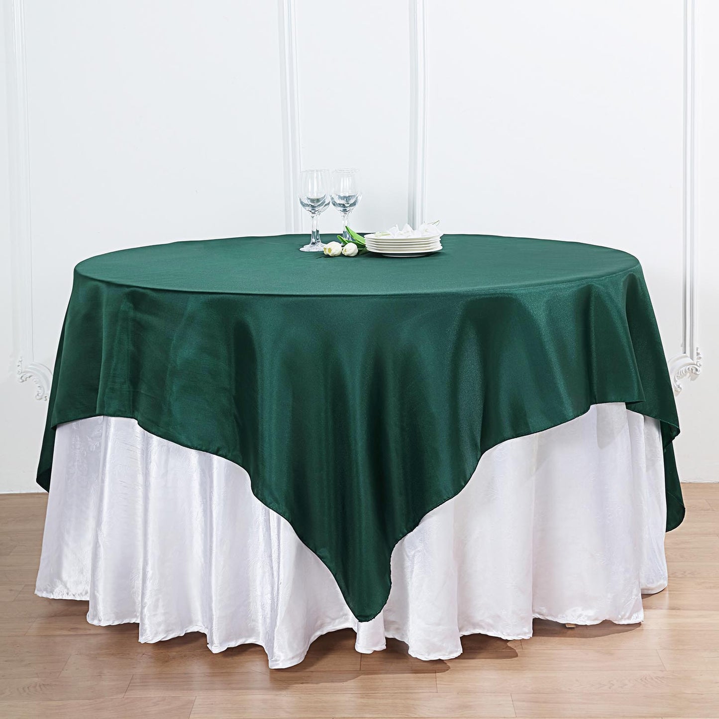 72" x 72" Hunter Emerald Green Satin Square Tablecloth Overlay