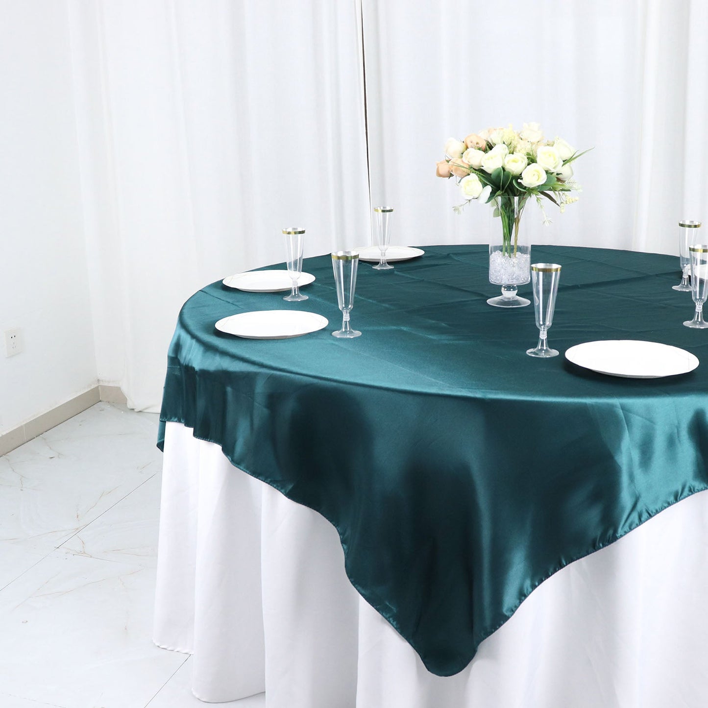 Peacock Teal Satin Table Overlay 72x72 Inch Square