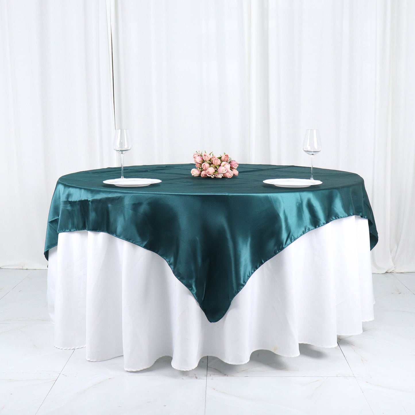 72x72 Inch Square Satin Table Overlay  Peacock Teal 