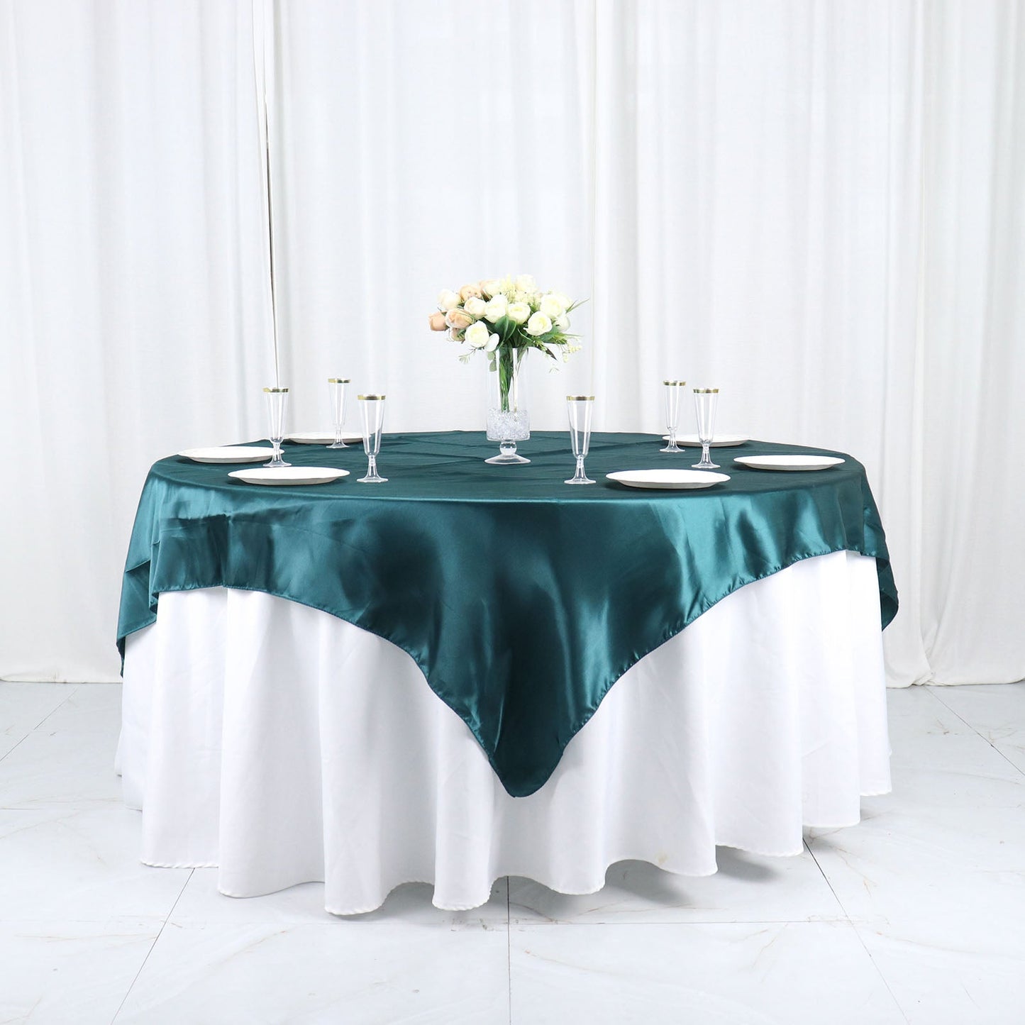 72"x72" Peacock Teal Satin Square Table Overlay