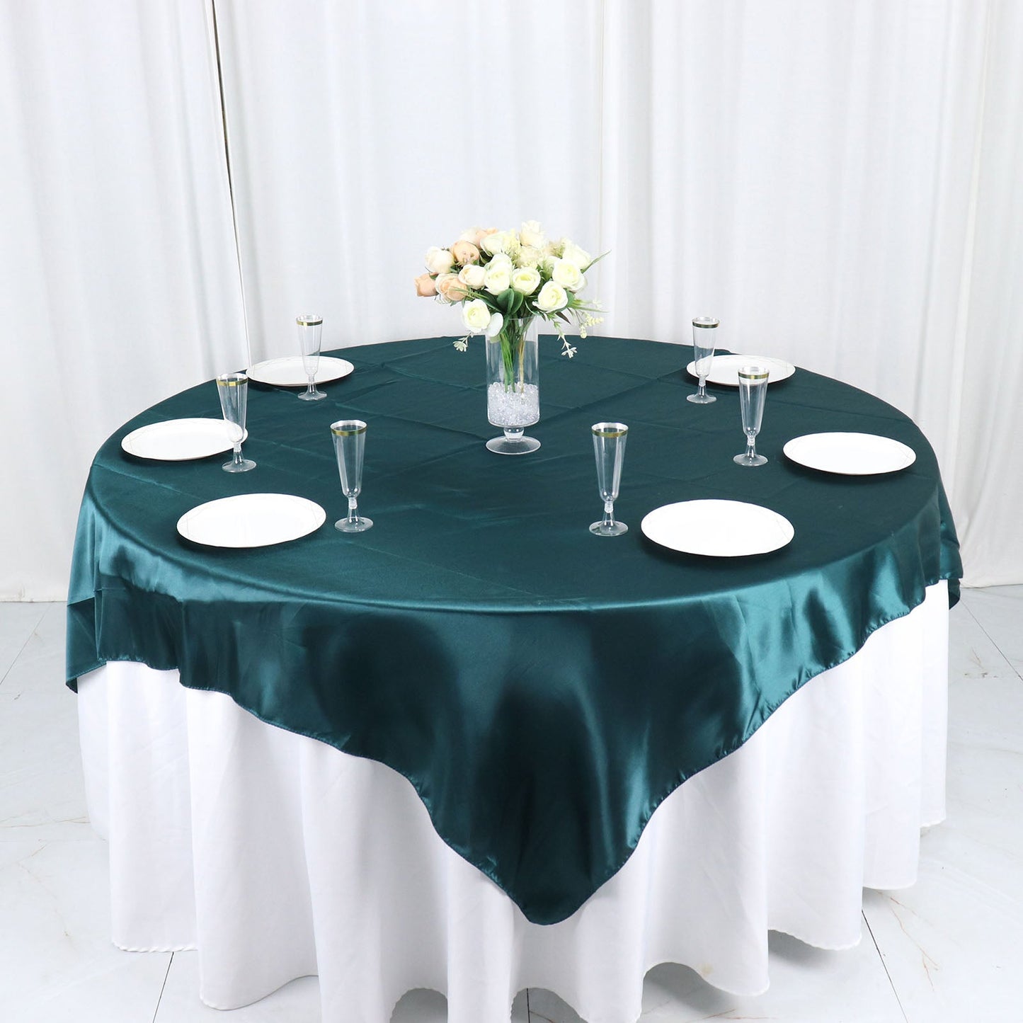 Peacock Teal Satin Square Table Overlay 72x72 Inch
