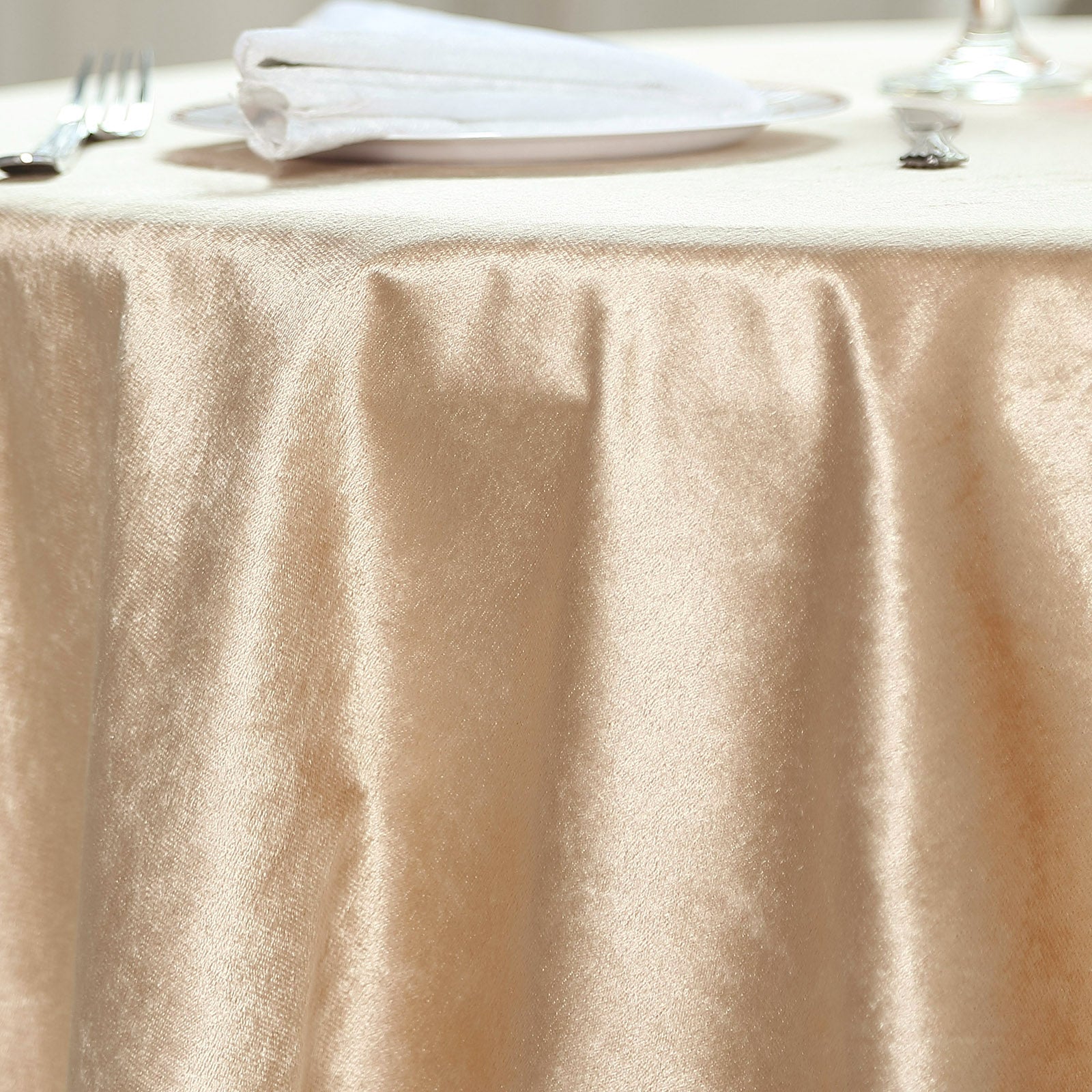 Champagne premium soft velvet table overlay, 72"x72" square tablecloth topper.