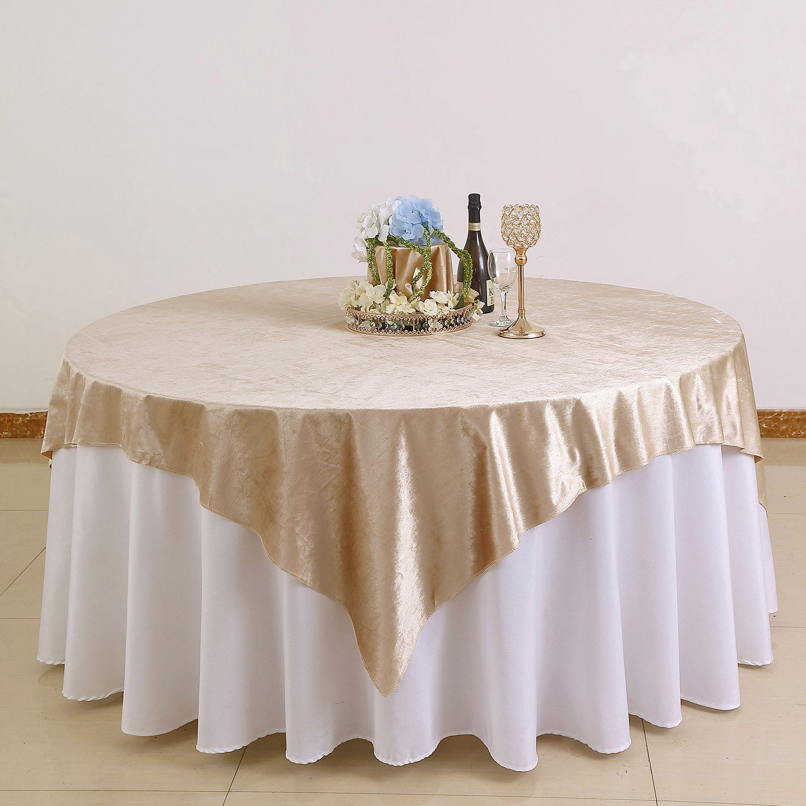Champagne velvet table overlay for square table, 72"x72".