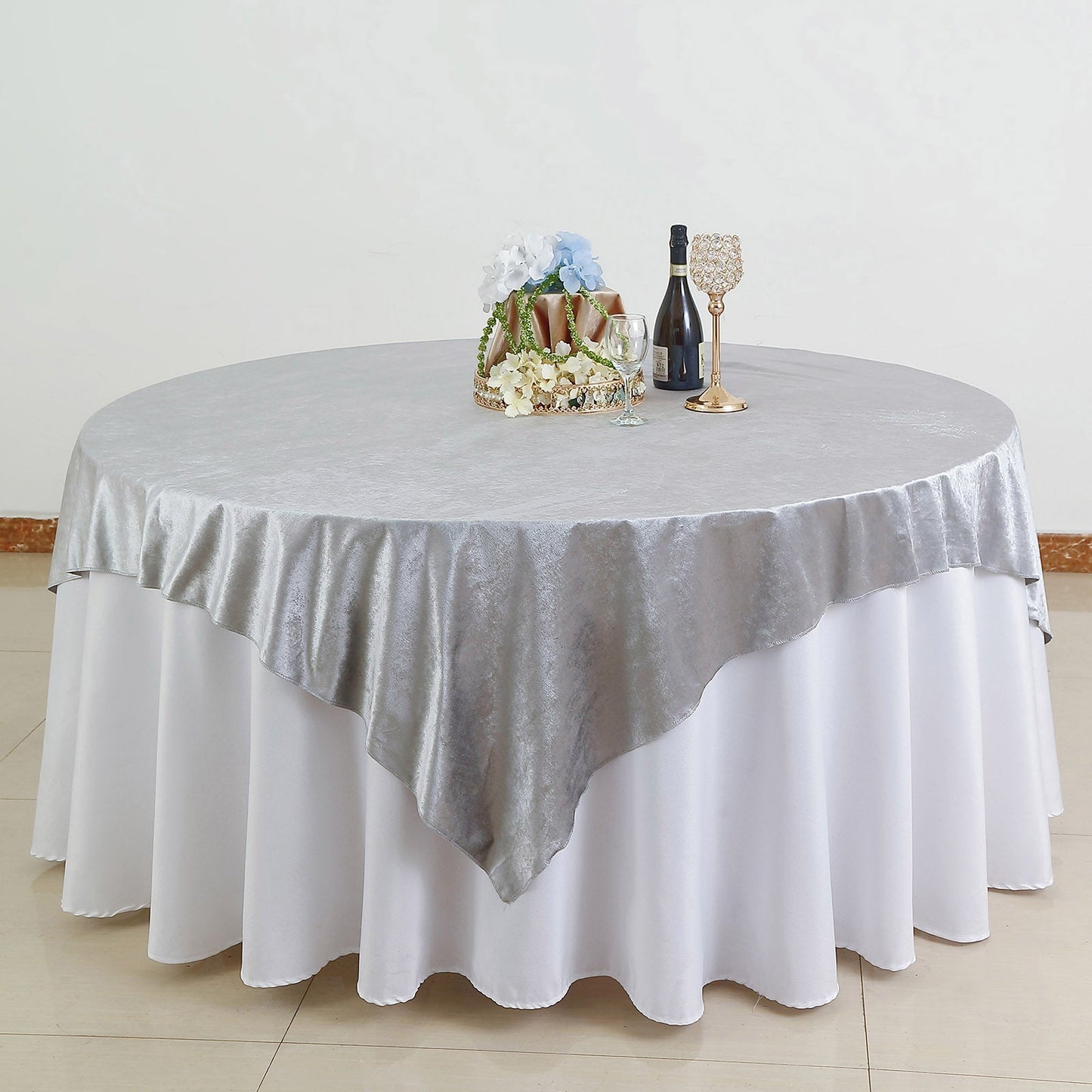 Silver premium soft velvet table overlay for elegant dining.