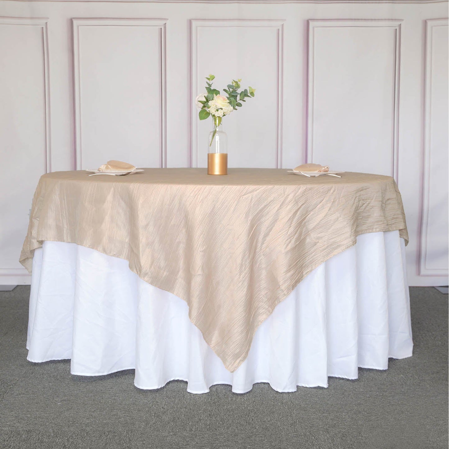 90"x90" Beige Accordion Crinkle Taffeta Square Table Overlay