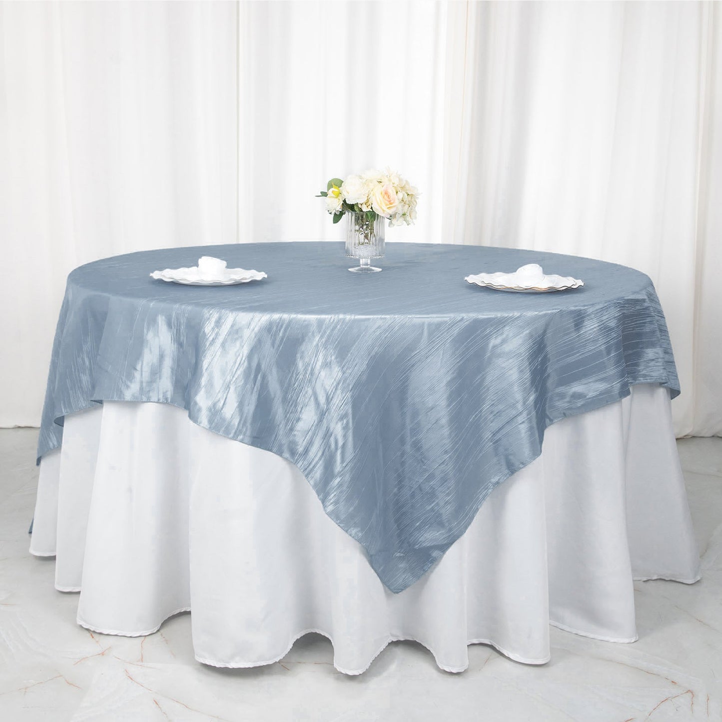 90 Inch x 90 Inch Dusty Blue Accordion Crinkle Taffeta Table Overlay Square 