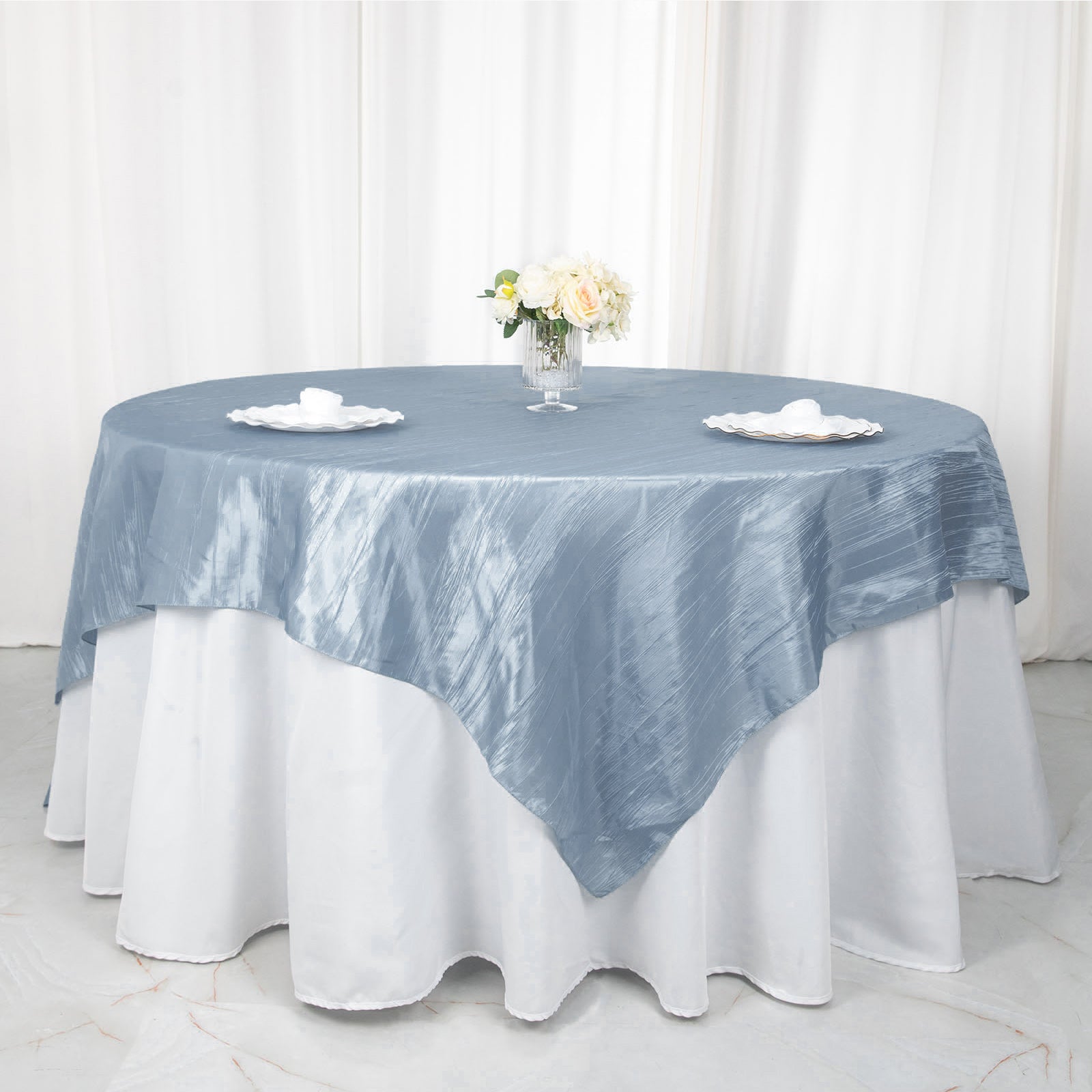 90 Inch x 90 Inch Dusty Blue Accordion Crinkle Taffeta Table Overlay Square 