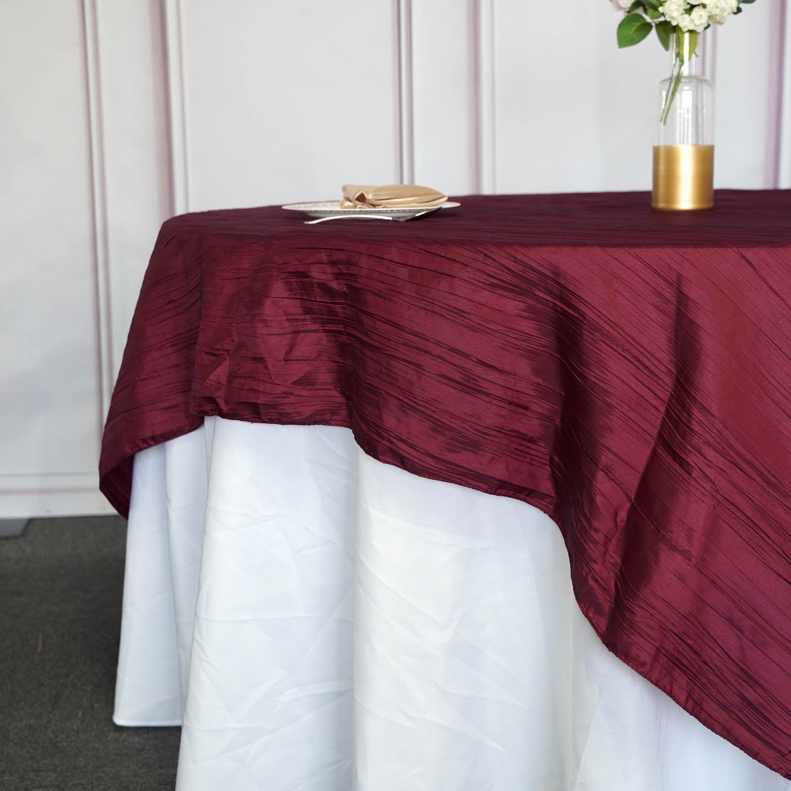 Burgundy Accordion Crinkle Taffeta Overlay 90 Inch