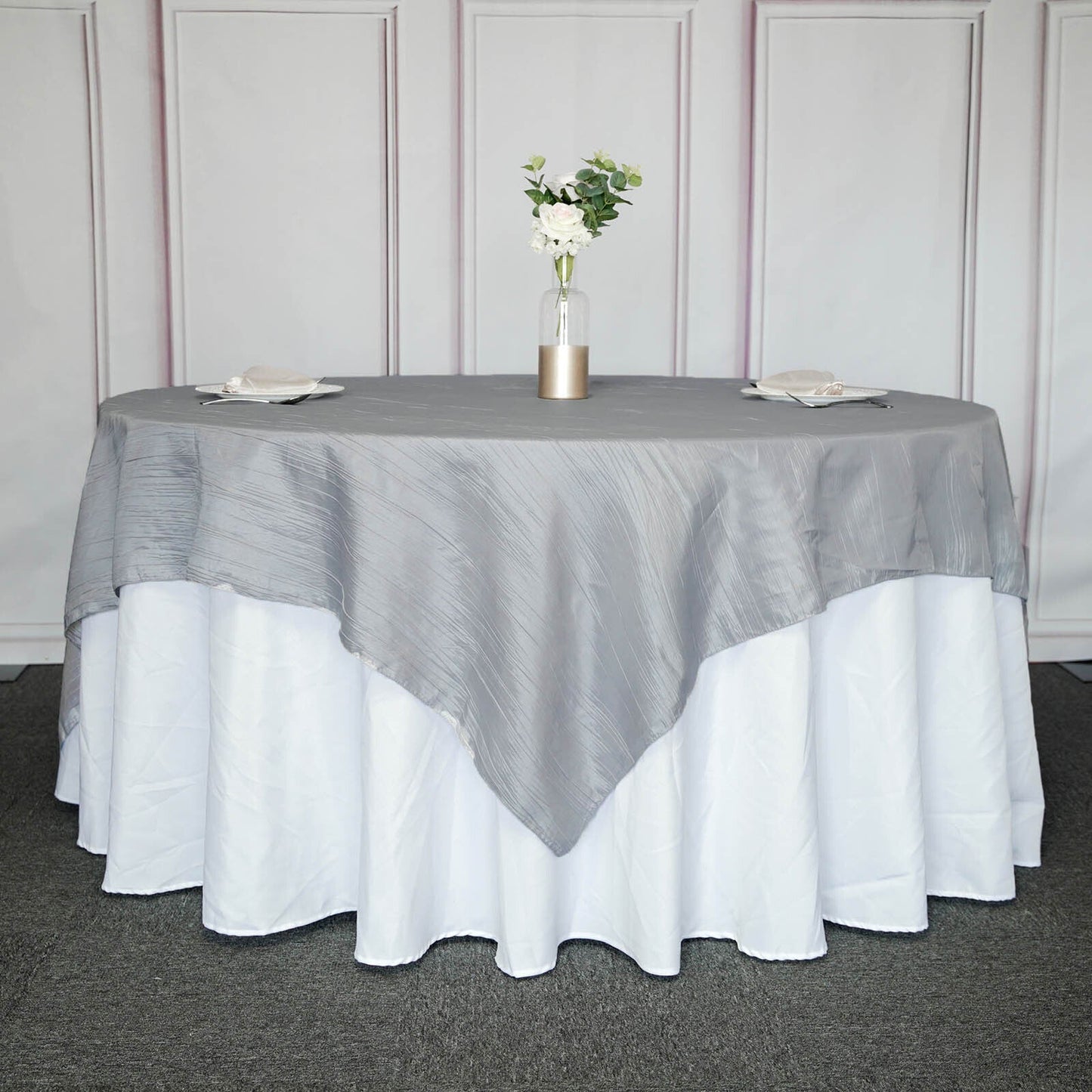 90"x90" Silver Accordion Crinkle Taffeta Square Table Overlay