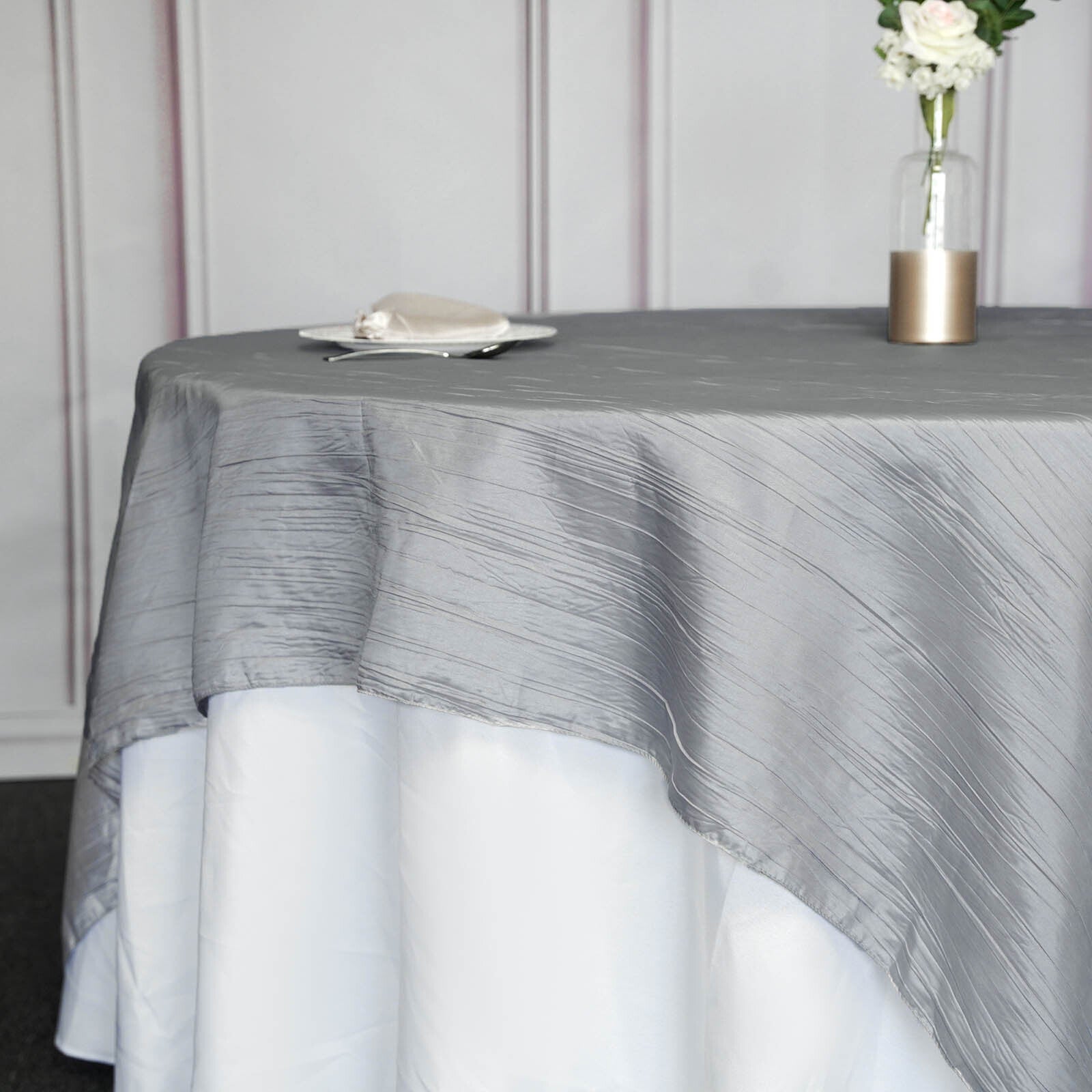 90 Inch x 90 Inch Silver Accordion Crinkle Taffeta Overlay