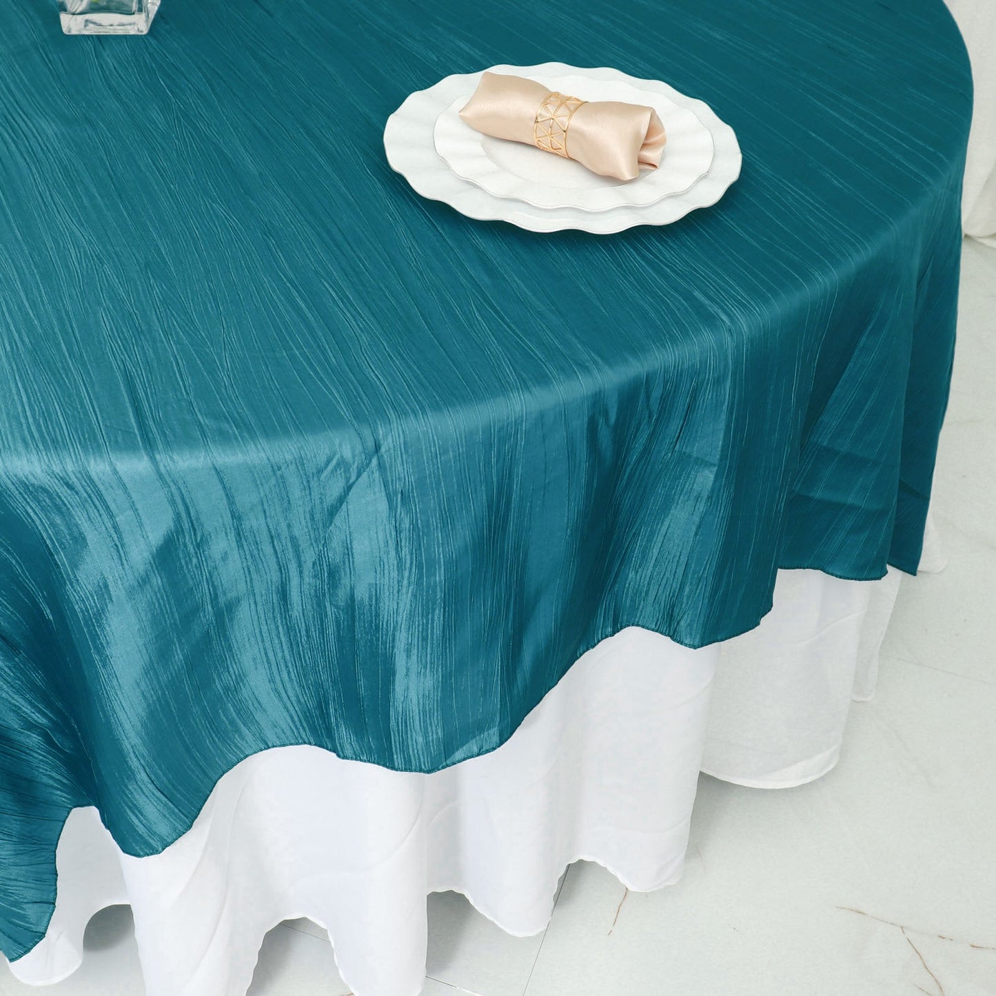 90 Inch x 90 Inch Accordion Crinkle Taffeta Peacock Teal Colored Table Overlay 