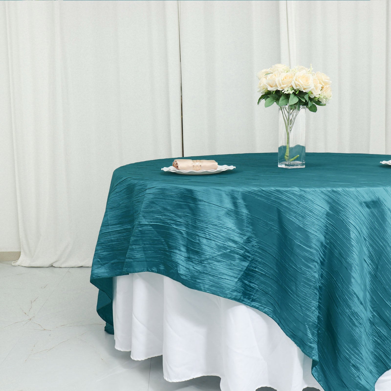 Table Overlay in Peacock Teal Color and Accordion Crinkle Taffeta Fabric 90 Inch x 90 Inch  