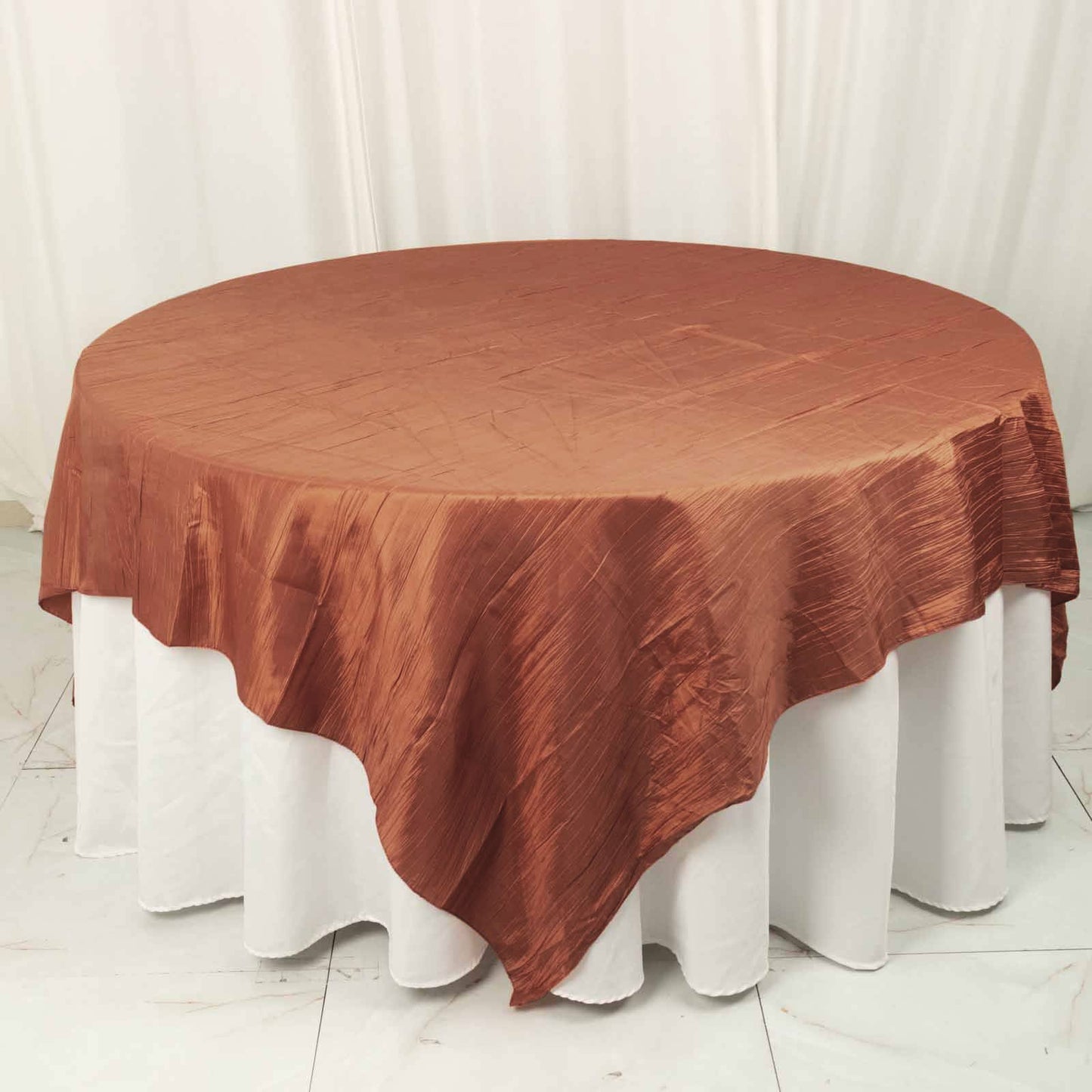 90x90inch Terracotta Accordion Crinkle Taffeta Square Table Overlay