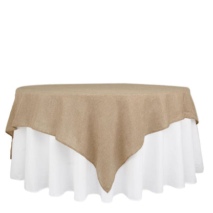 Natural boho chic faux burlap jute square table overlay in light brown.