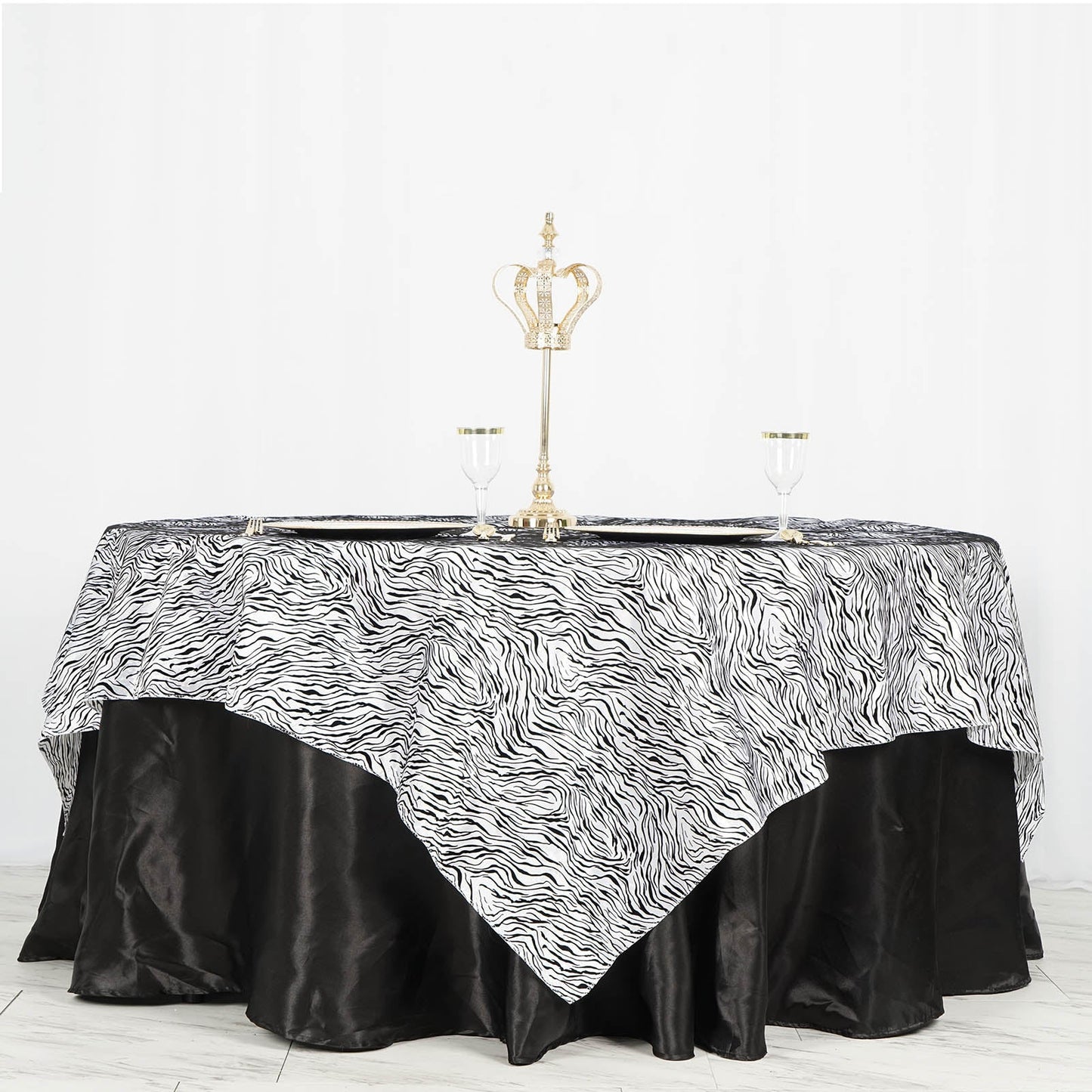 90"x90" | Black/White Taffeta Tiger Print Table Overlay | Jungle Theme Party Decoration