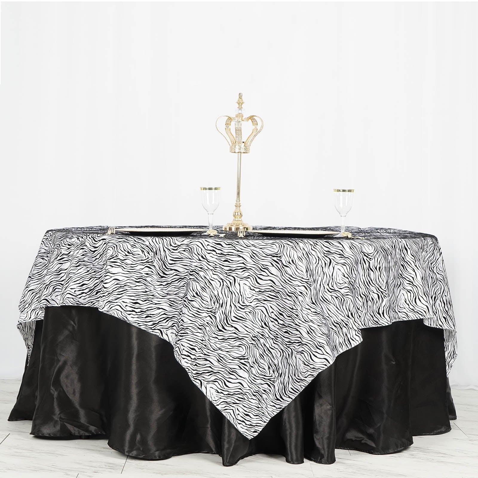 90"x90" | Black/White Taffeta Tiger Print Table Overlay | Jungle Theme Party Decoration