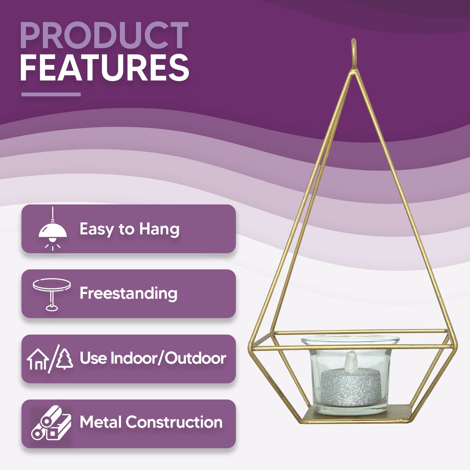 Gold metal pyramid-shaped tealight candle holder with geometric design.