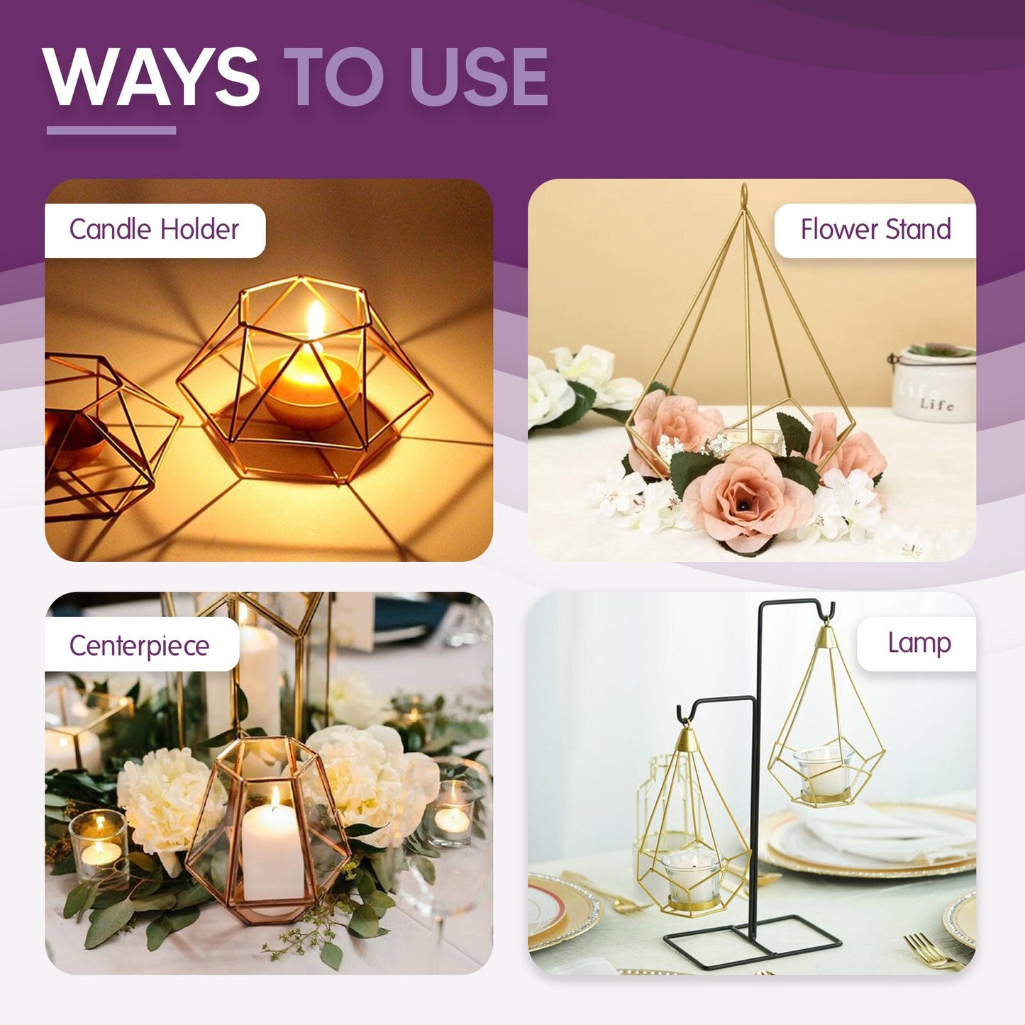 Gold metal pyramid-shaped tealight candle holders for decorative use.