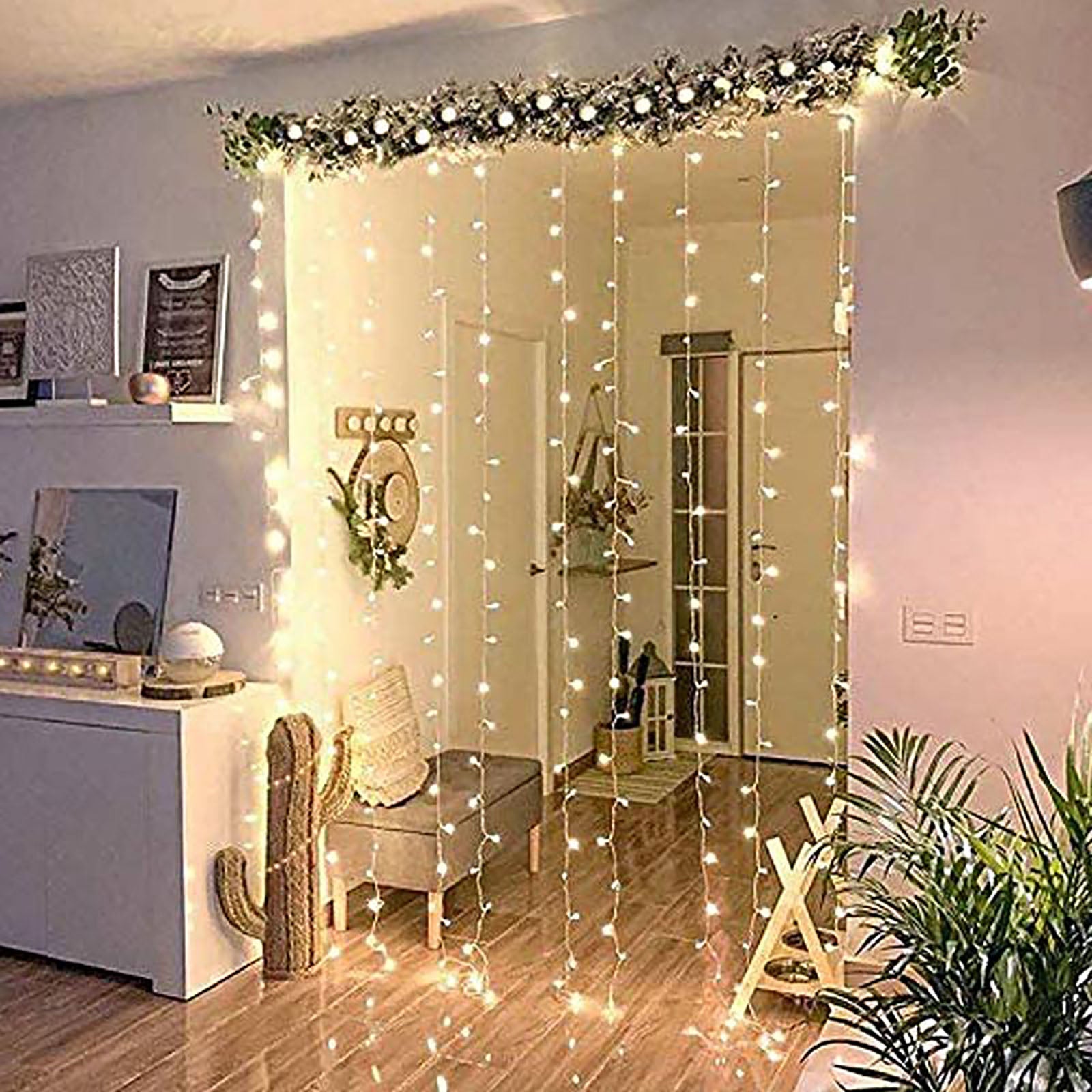 Warm white LED icicle curtain fairy string lights with 8 modes.