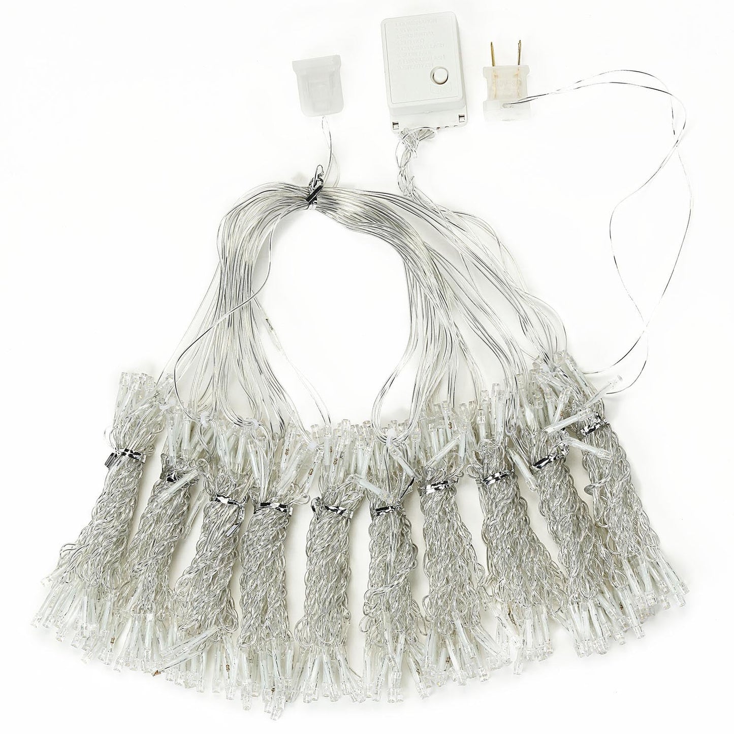 Cool white 300 LED icicle curtain fairy string lights with 8 modes.