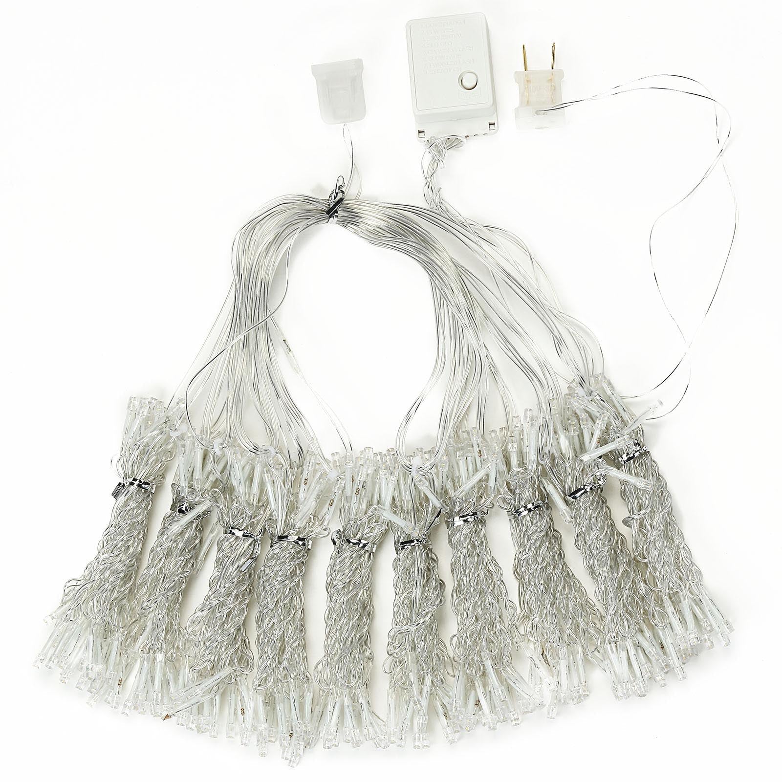 Cool white 300 LED icicle curtain fairy string lights with 8 modes.