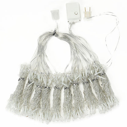 Cool white 300 LED icicle curtain fairy string lights with 8 modes.
