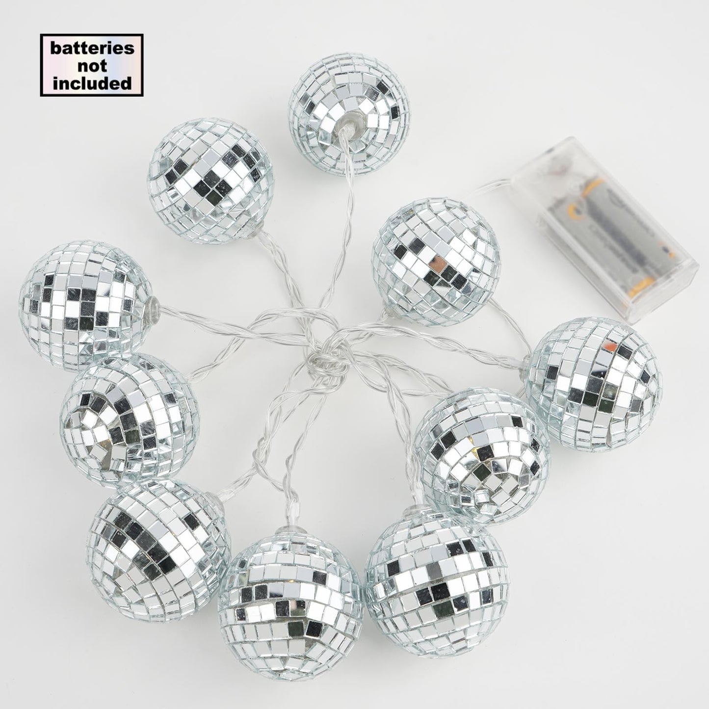 Silver disco mirror ball LED string lights on a warm white garland.